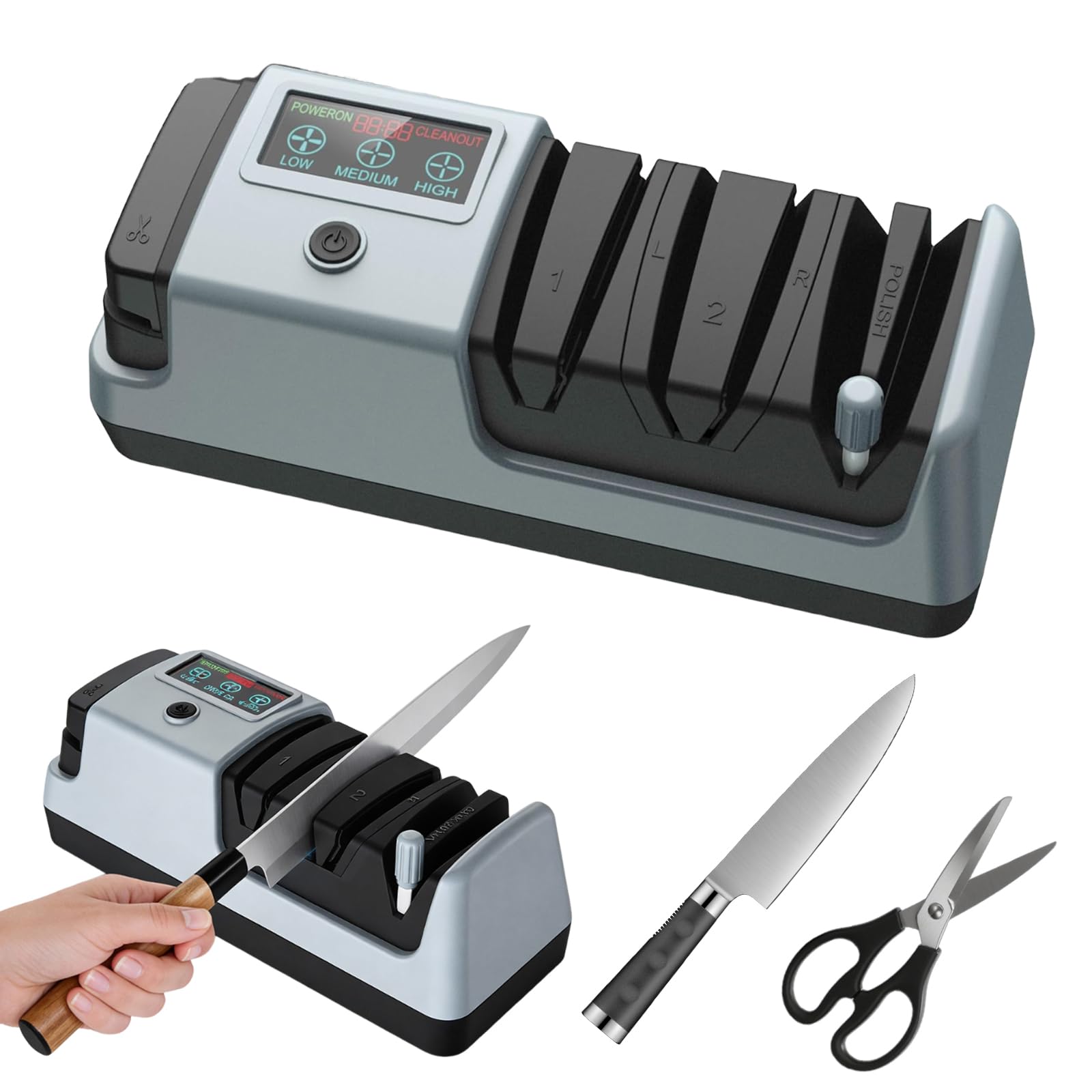 Elektrischer Messerschärfer 5 in 1 mit LCD Display 3 Geschwindigkeiten 3 Stufen für Küchenmesser Scheren Keramikmesser