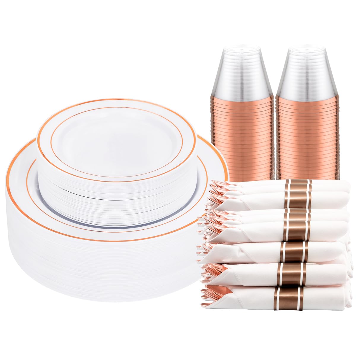DaYammi210PCS Rose Gold Plastic Dinnerware Set for 30 Guests, Fancy Disposable Plates for Party, Include: 30 Dinner Plates, 30 Dessert Plates, 30 Pre Rolled Napkins with Rose Gold Silverware, 30 Cups