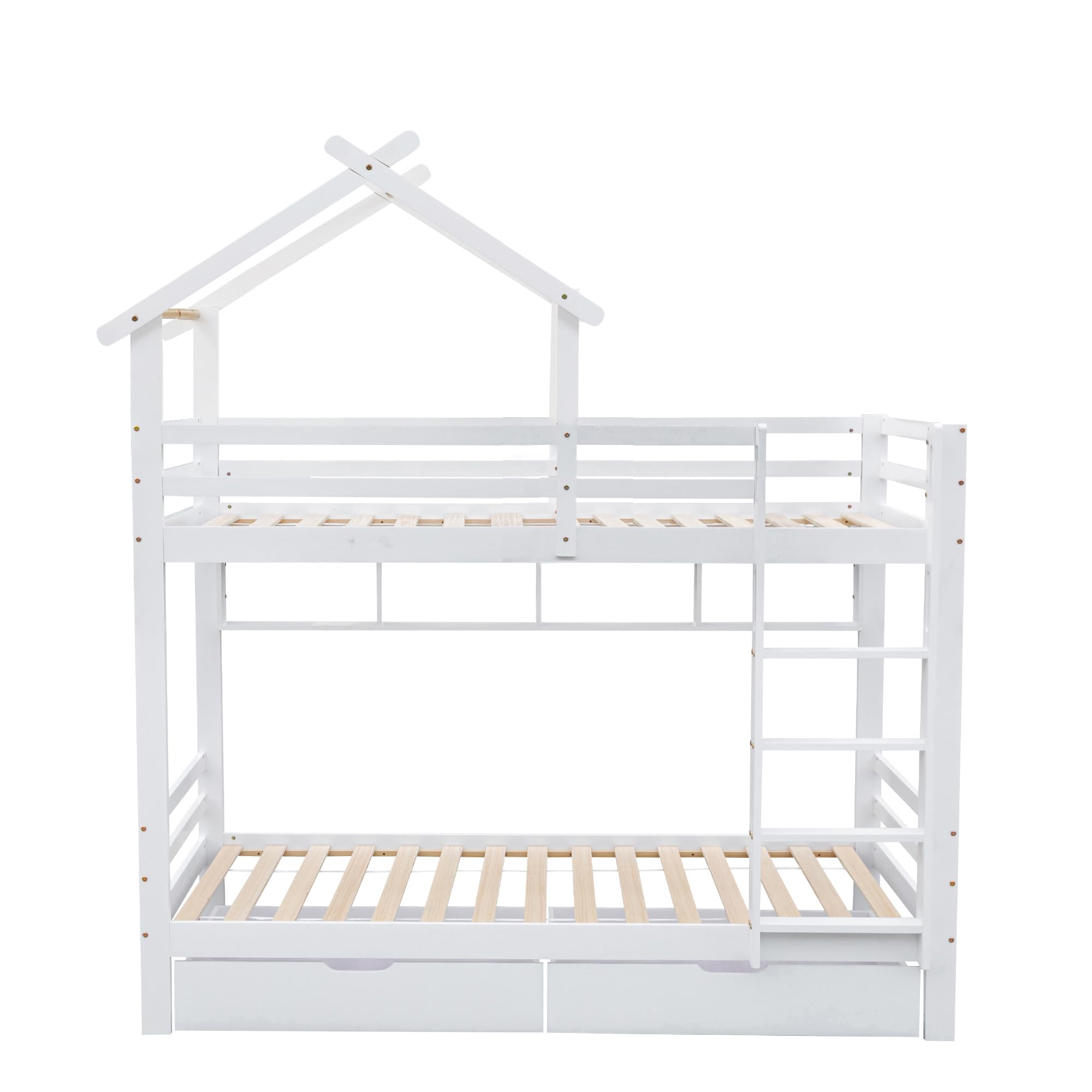Etagenbett 90x200, Kinderbett Hochbett für 2 Kinder, Hausbett mit 2 Schubladen&Regalen&Dach&Leiter, Kinderhochbett mit Rausfallschutz&Lattenrost, Bettgestell Stockbett Familienbett, Massivholz, Weiß