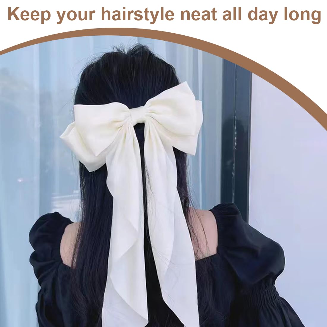 ZYBHMJE 2 Pcs Big Bow Hair Clips Solid Color Large Bowknot Hairpin Hair Clip with Long Silky Satin Tail Hair Barrettes Accessories for Girls Women Black+White - Image 4