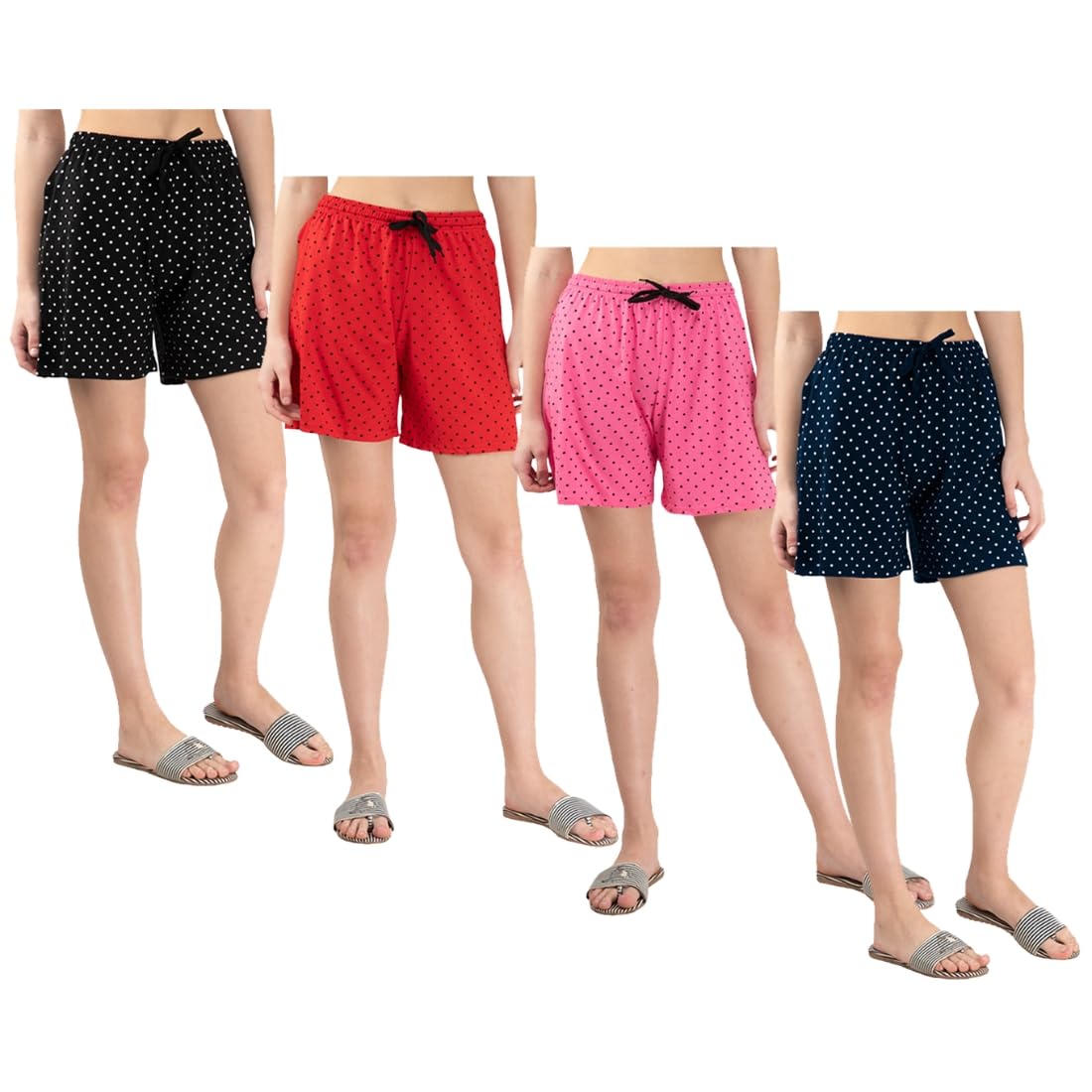 kayu Pack of 4 Women’s Polka Dot Printed Shorts with Drawstring Waist – Comfortable Casual Lounge Wear, Breathable Fabric, Stylish Summer Sleepwear Shorts for Women-picture-41