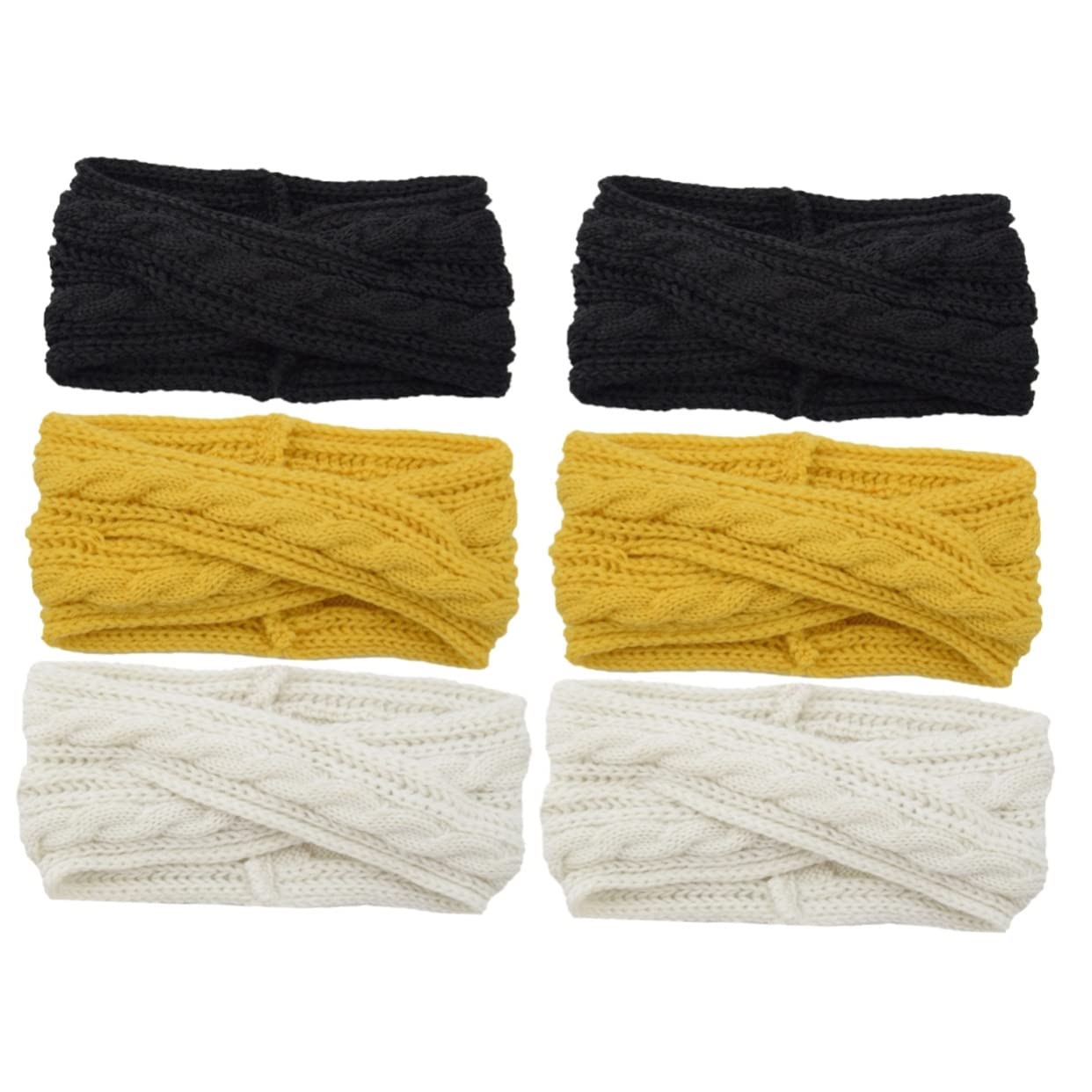 FRCOLOR 6pezzi Fasce Per Lana Tricotata Di Cerchietti Incrociati Nero Bianco e Giallo Per Donne Accessori Versatili Per Acconciature e Benessere Per Trucco e Spa