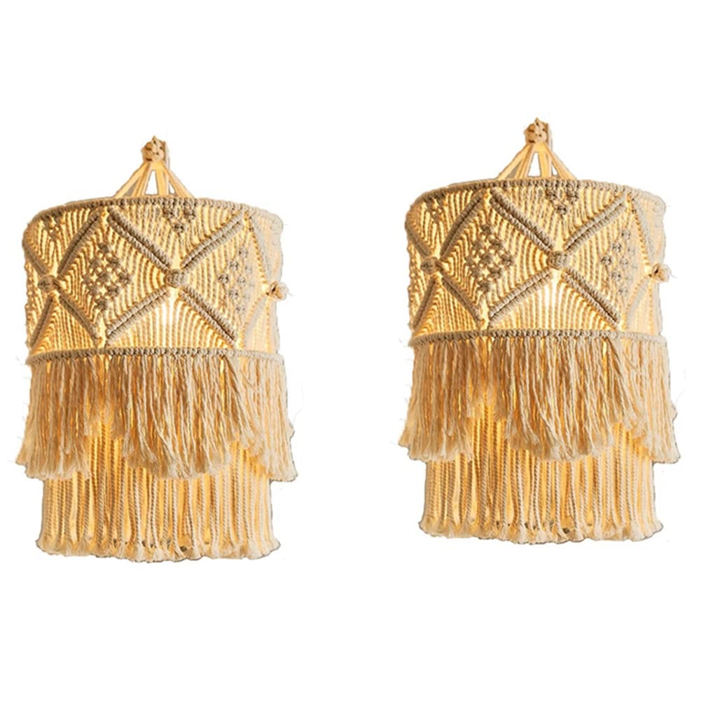 Hndhbfgrt Creamy White 2X Handmade Wall Tapestry Lampshade Macrame Boho Decor Handcraft Tassel Tapestry Background Headboard Wall Hanging Decor