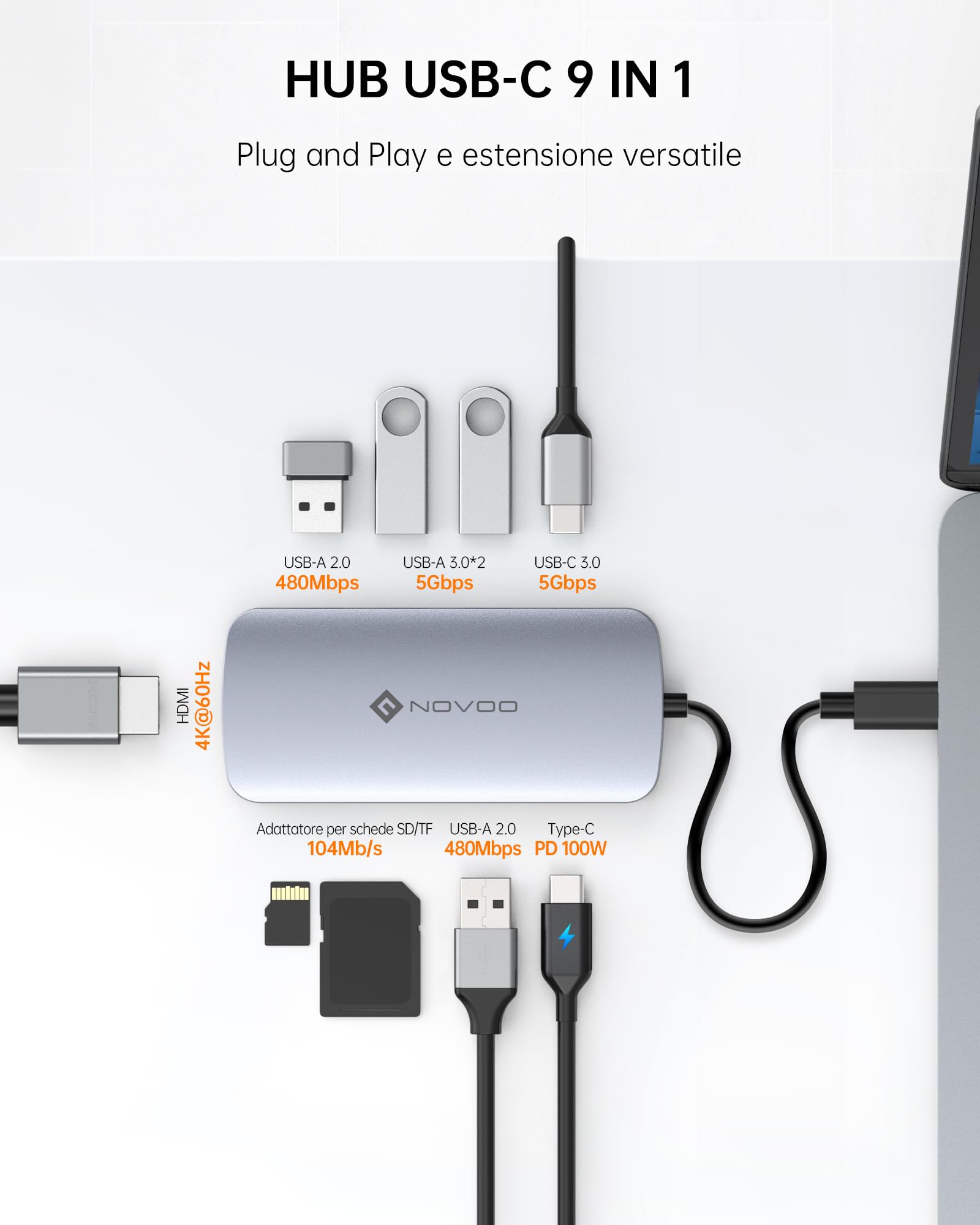 NOVOO Hub USB C 9 in 1 Adattatore USB C USB con 4K@60Hz HDMI, 100W PD, 5 porte USB, SD/TF, USB C HUB Compatibile con iPhone 16 Pro Max/MacBook Pro Air M2 M1/HP/Dell/Surface Pro/Steam Deck