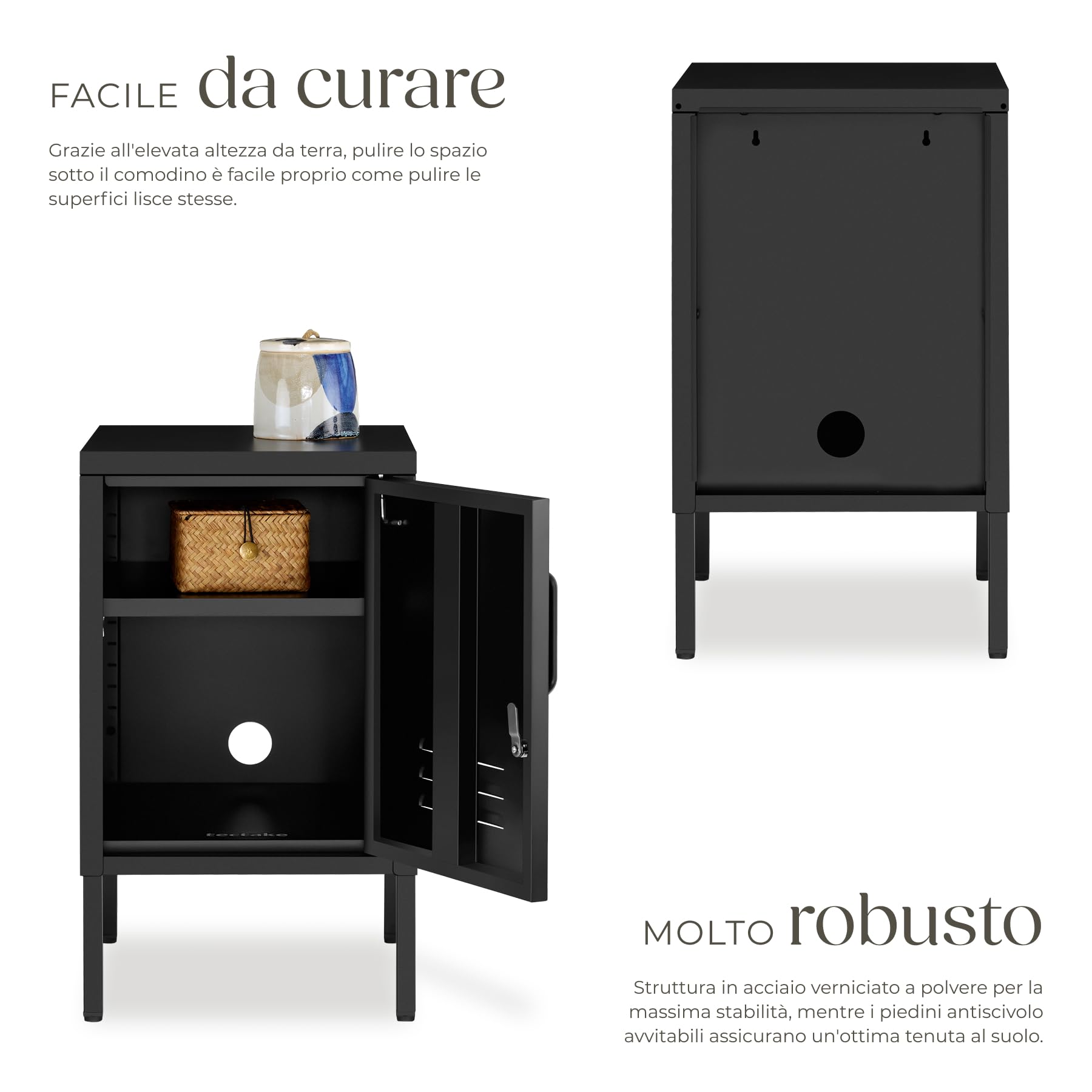 tectake® Comodino Camera da Letto in acciaio, 35x42,5x60,5 cm, mobiletto salvaspazio, ripiano regolabile, anta con chiave, chiusura magnetica, piedini regolabili, Tavolino Laterale da Divano - Nero