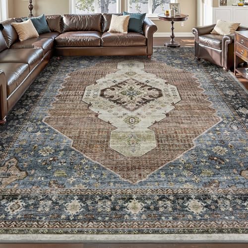 Engiw-Washable 8x10 Area Rugs for Living Room Rug Carpet Bedroom Rug Dining Room Rugs Office Carpet Vintage Soft Cozy Non Slip Navy Blue Rust Navy/Rust 8' x 10' (Rectangular)