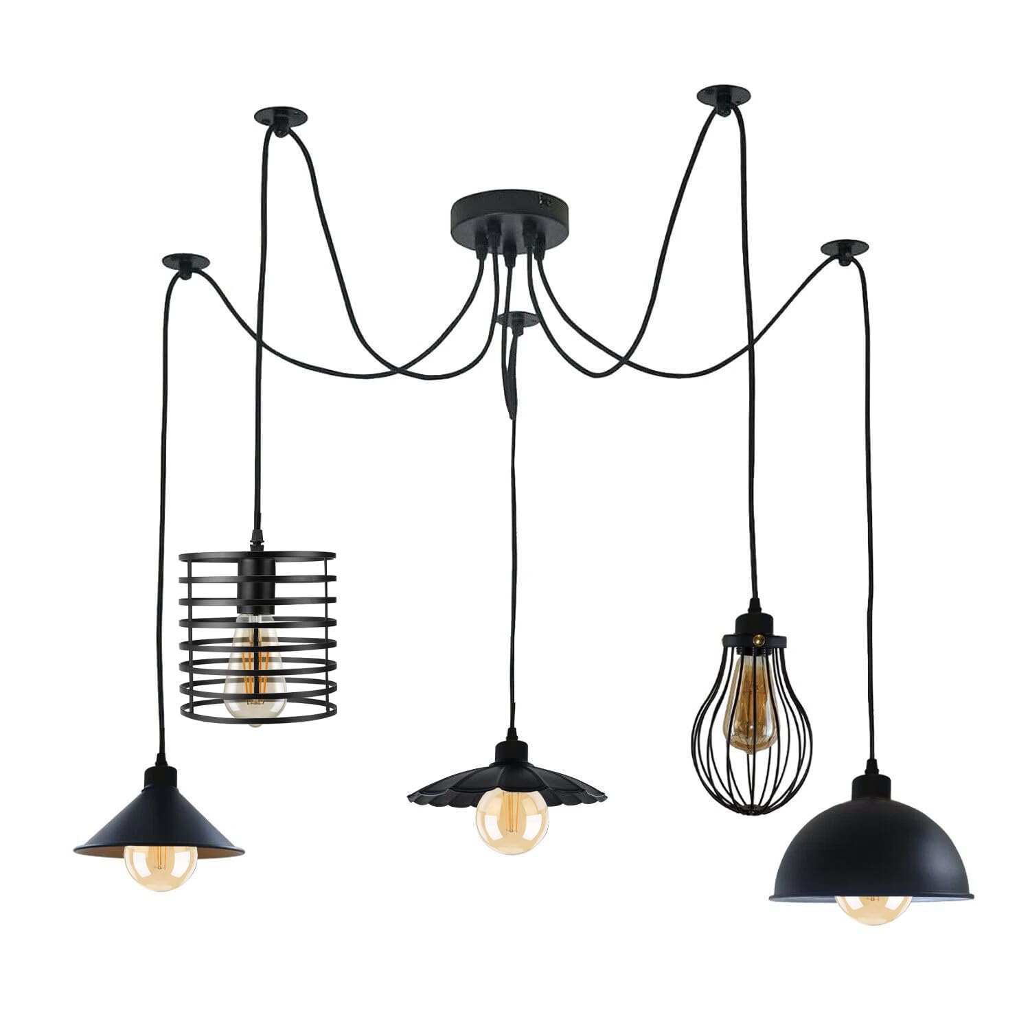 LEDSone Industrial 5 Heads Spider Pendant Light, Metal Chandelier, E27 Bulb Sockets, Adjustable 2M Cables, Loft Ceiling Lighting for Living Room, Bedroom, Hall