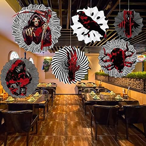 6PCS Halloween Hanging Garlands Ornaments Scary Knife Skull Spider Paper Fans DIY Foldable Banners Zombie Vampire Haunted House Bar Kitchen Ceiling Window Decor Halloween Party Decoration Kit Supplies Cover