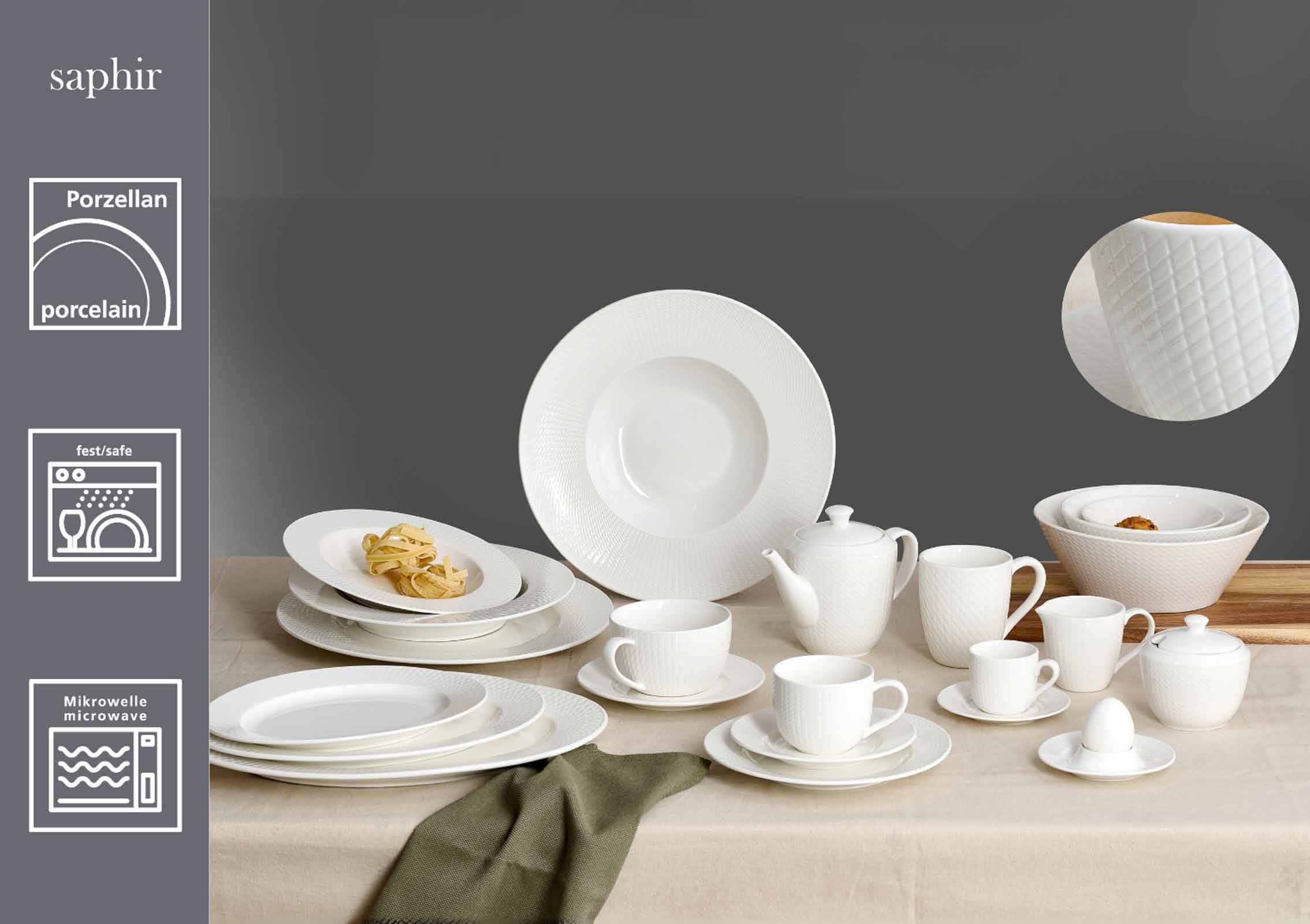 Ritzenhoff & Breker Saphir Cappuccinotassen mit Untertassen 320 ml 6er Set | Porzellan Geschirr-Serie in Weiß mit Mosaik-Relief | spülmaschinenfest & mikrowellengeeignet | Elegant & Modern