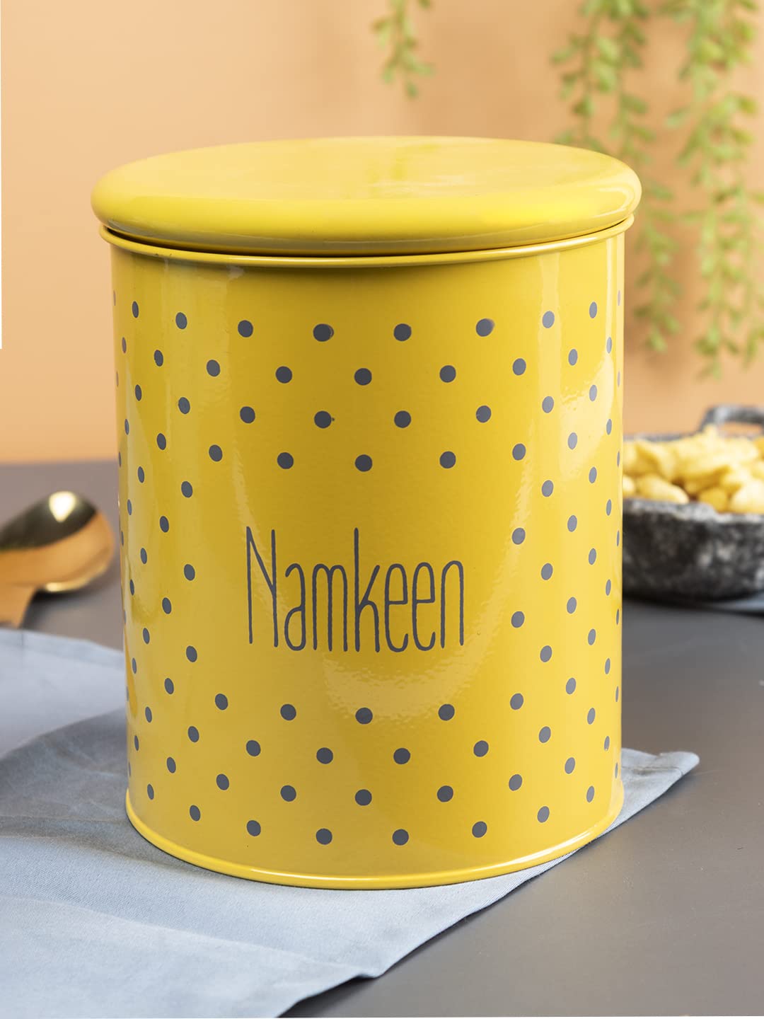 Market99 Galvanised Iron Namkeen Jar (1700 Ml) | Yellow Cylindrical Kitchen Storage Container | Namkeen Printed Jar | Airtight and Stylish Canisters for Organized Pantry & Countertop