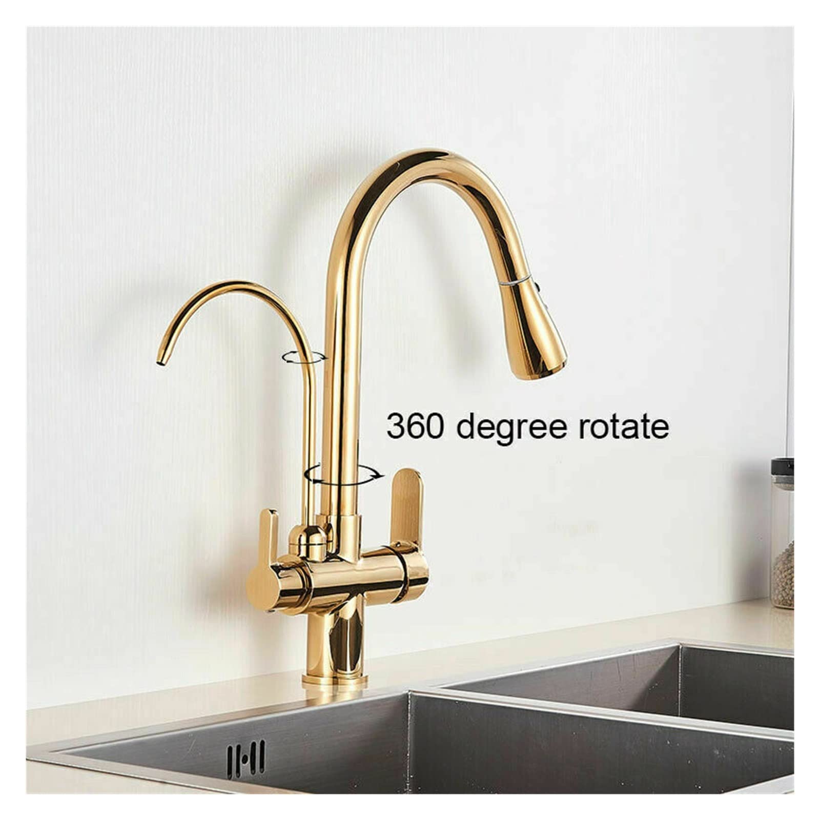 Goldener Küchenhahn mit Ausziehbrause, 360° drehbar, Doppelgriffe, Einloch-Kalt- und Warmwasseranschluss, intelligenter Wasserhahn (Antikmessing)