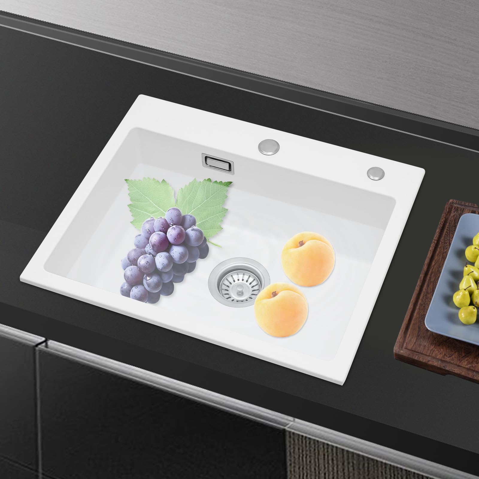 Évier de cuisine, profond, en pierre de quartz, blanc, 1 bac encastrable, capacité de charge d'environ 220,46 kg, bec anti-débordement, pour salles de bains, restaurants, cantines scolaires