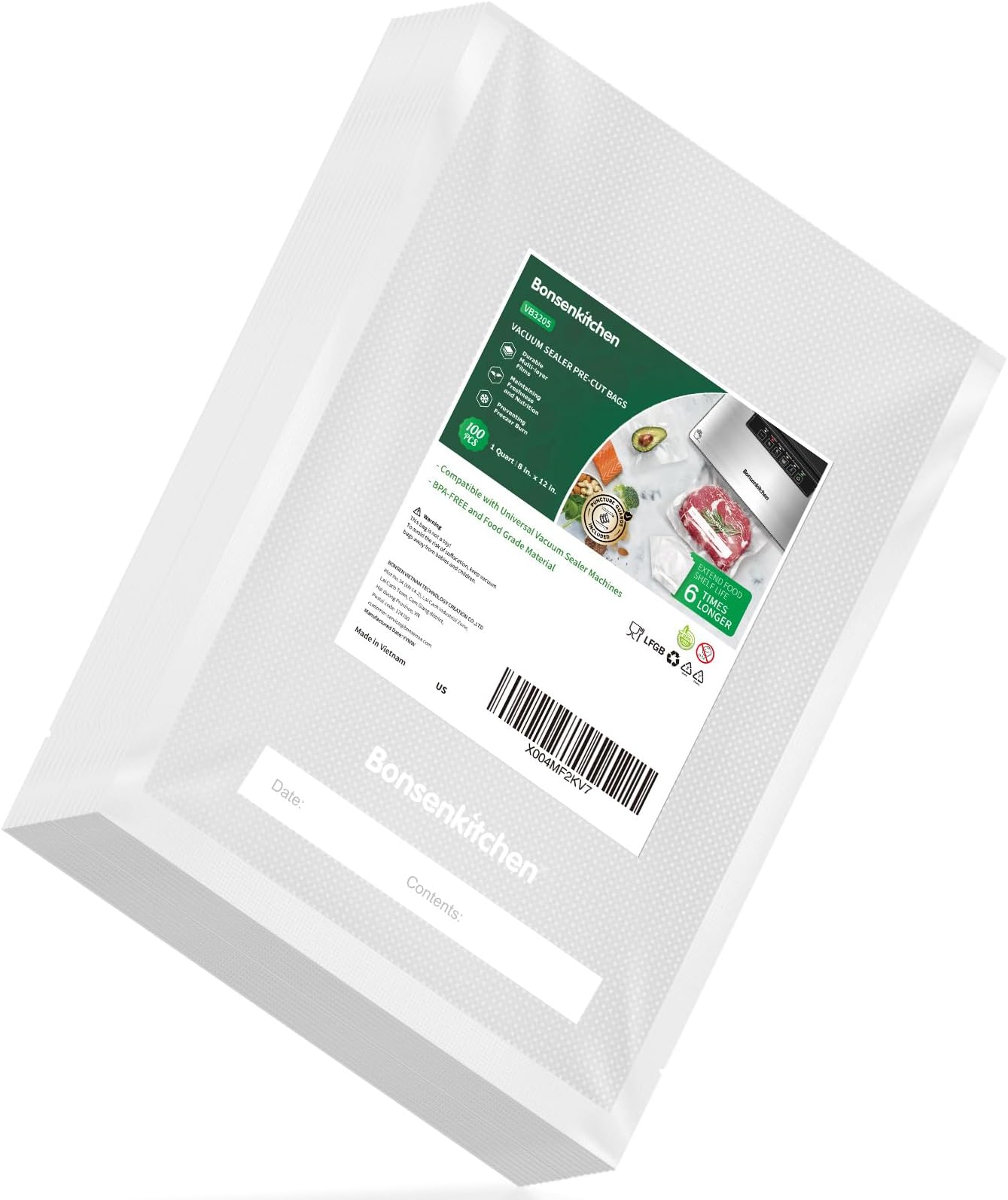 Bonsenkitchen Food Vacuum Sealer Bags 8" x 11.5", BPA Free, Commercial Grade Textured Vacuum Sealer Bag, Thick Embossed Bags for Food Storage and Sous Vide Cooking