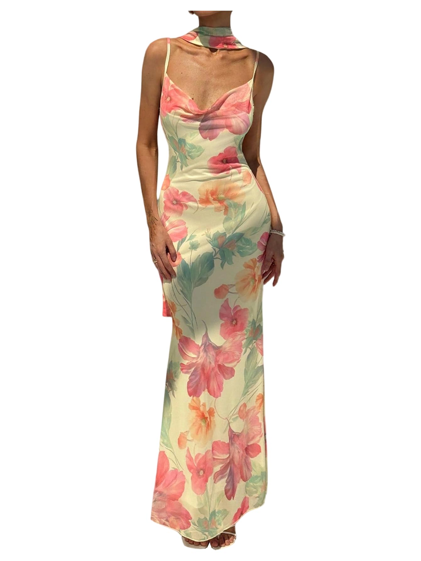 Women's Floral Bodycon Maxi Dress with Neck Scarf Mesh Cowl Neck Sleeveless Backless Fishtail Long Dresses