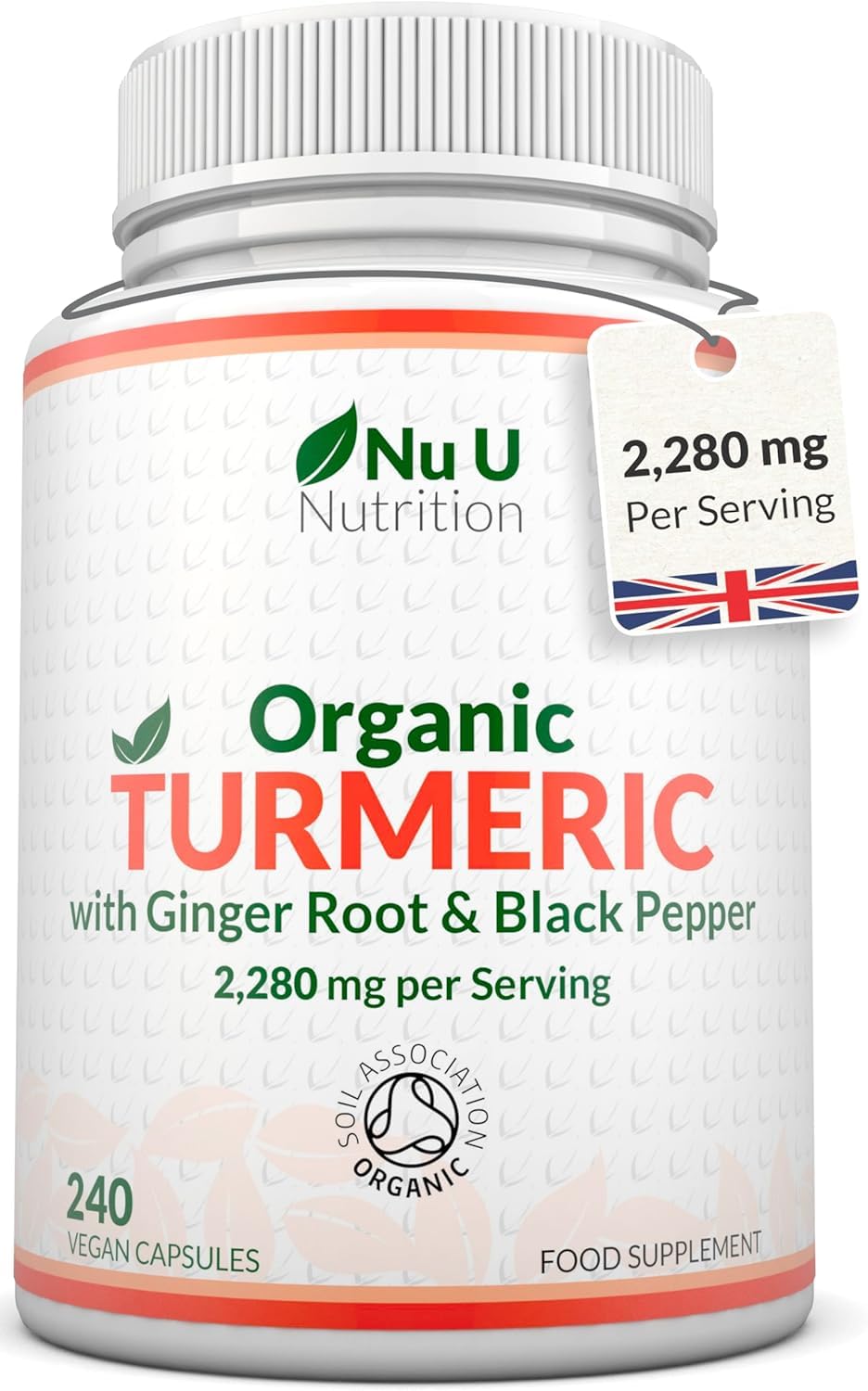 Organic Turmeric Ginger & Black Pepper 2280mg - 240 Vegan Capsules not Tablets - High Strength Tumeric Curcumin - Joints Herbal Supplement for Men and Women - Made in The UK - Nu U Nutrition