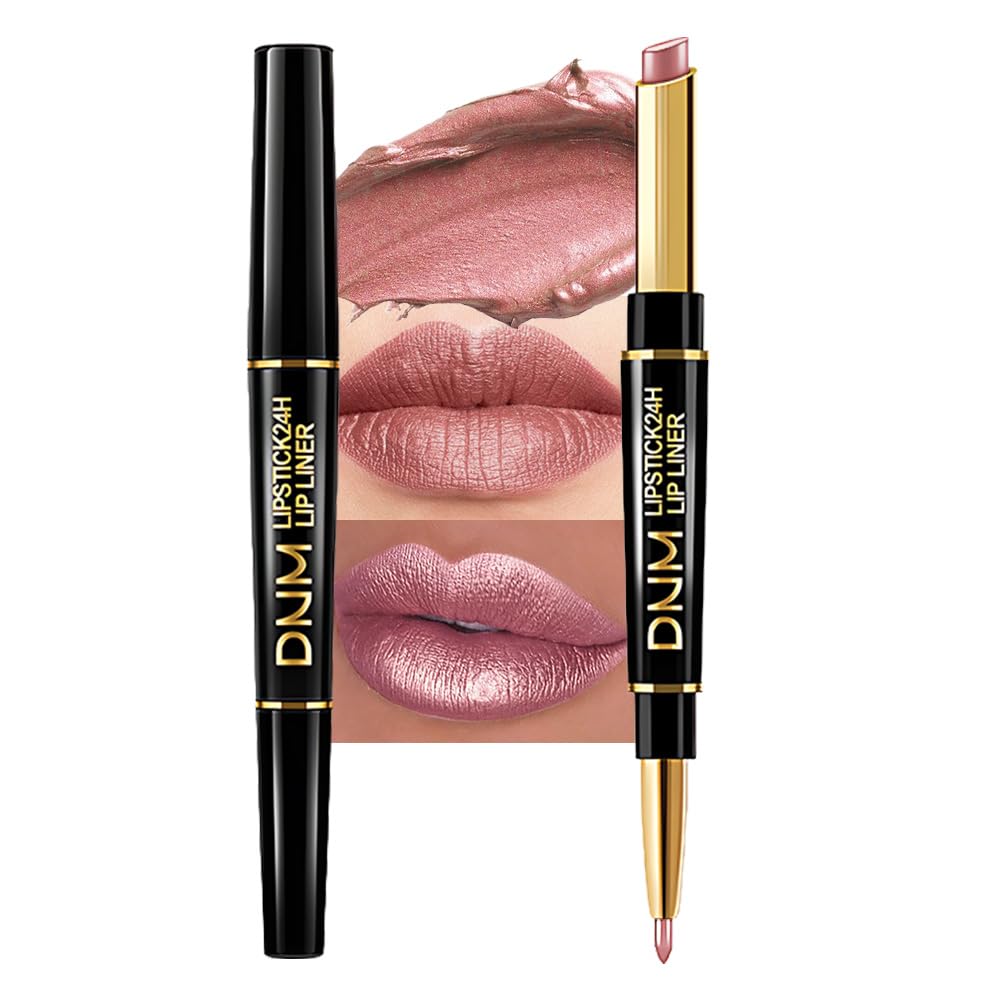evpct 1Pcs Rose Nude Pink Metallic Shine Shimmer Lip Liner and Lipstick Combo Set Kit for Women, Lightweight Hydrating Formula High Impact Full