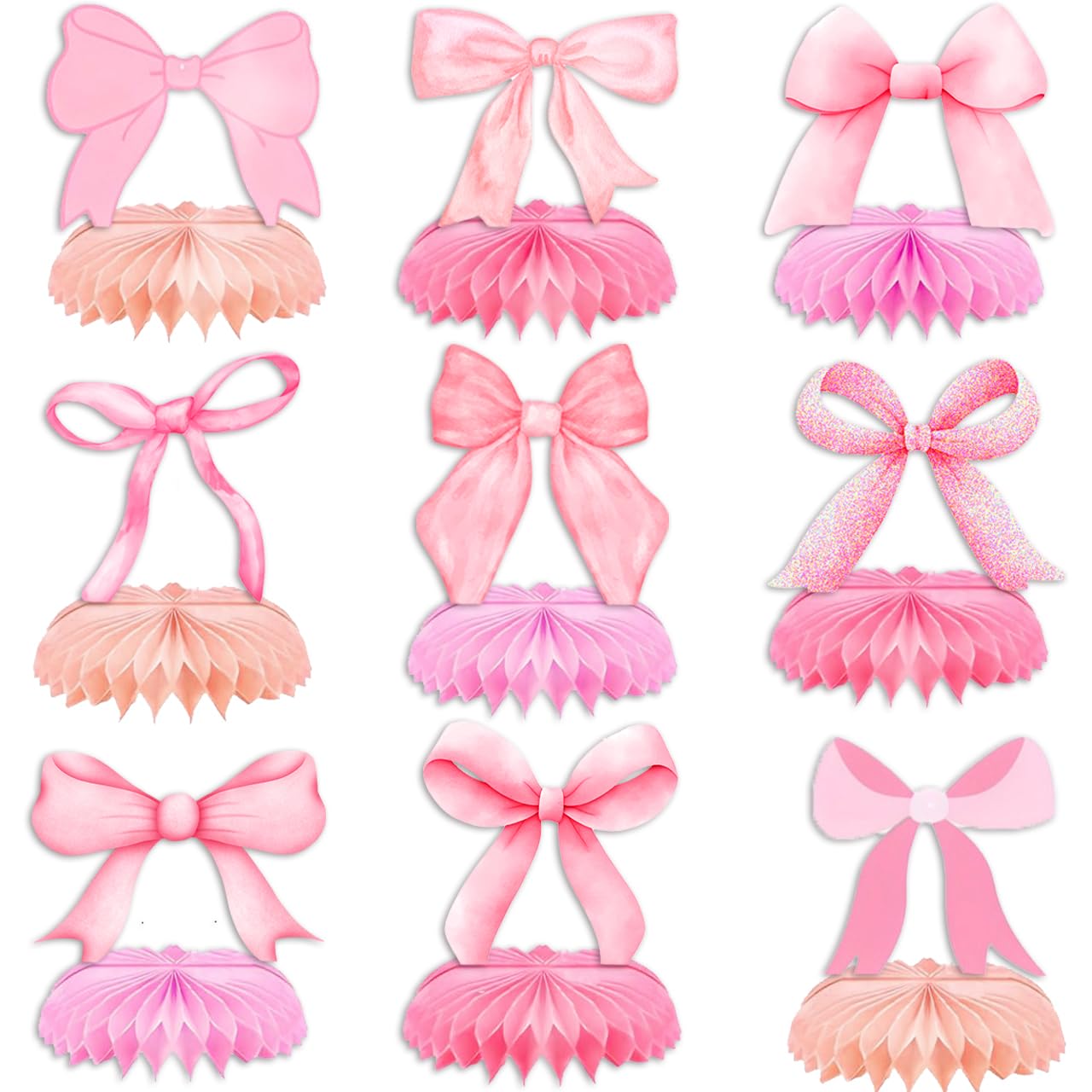 9Pcs Pink Bow Party Honeycomb Centerpieces Decorations, Coquette Birthday Supplies, Paper Cutouts for Bridal Engagement Bachelorette Wedding Party