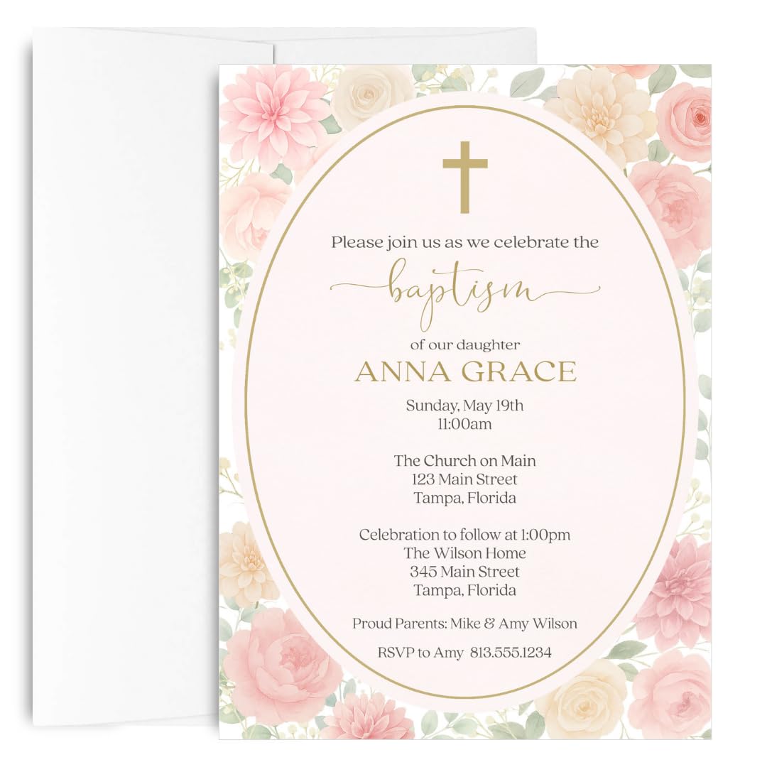 The Invite Lady Watercolor Floral Baptism Invitations For Girls Customized Confirmation First Communion Invites With Envelopes (12 count)