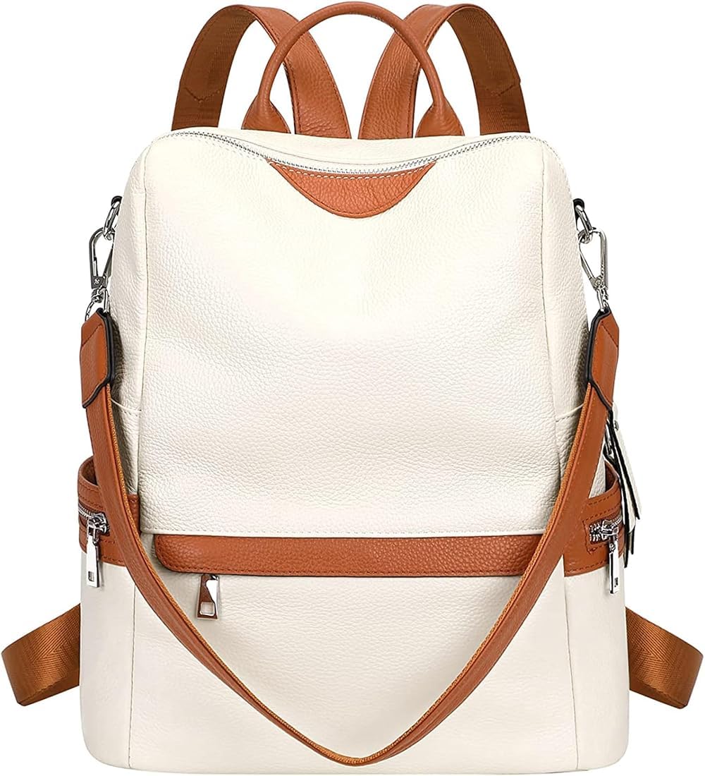 Women's Leather Backpack Purse, Cream with Brown Accents, Multi-Pocket, Convertible Shoulder Bag-image-7