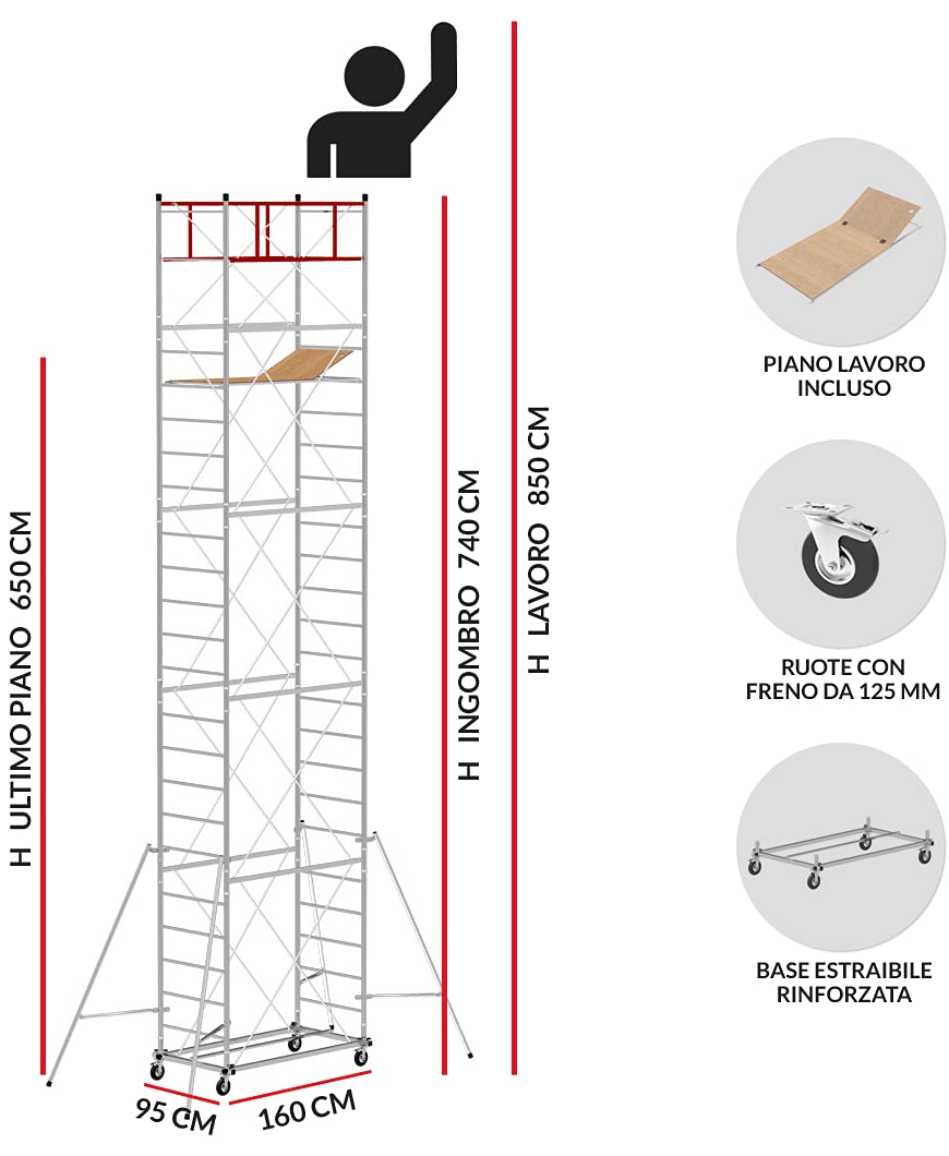 Trabattello altezza di lavoro 8,50 m in acciaio serie M4 LUX 150 - made in italy I SCEDIL