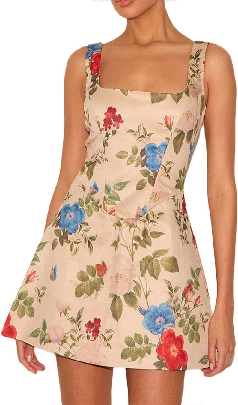 Women's Floral Jacquard Dresses Adjustable Strap Sundress A-Line Tank Mini Dress