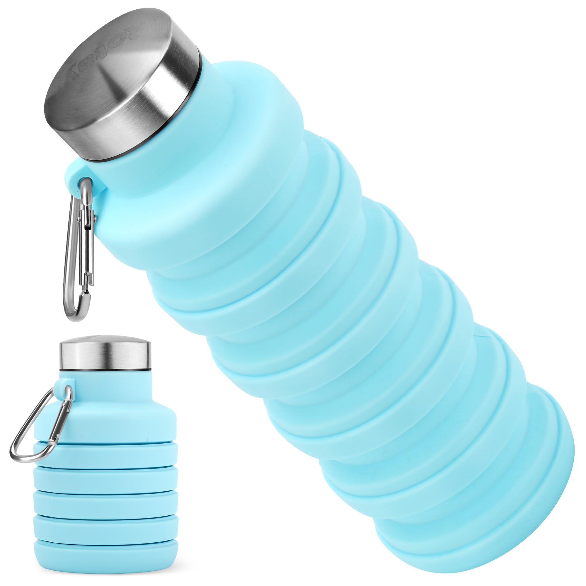 Rotayi Collapsible Water Bottle, 16oz Portable Reusable Silicone Water Bottle with Carabiner for Gym, Travel, Camping, Hiking, Sports, Lightweight, BPA-Free, Leak-Proof, Foldable Design, Light Blue