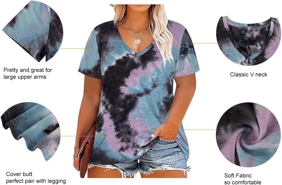 RITERA Women Plus Size Tops Tie Dye V Neck Shirt Floral Camo Summer Short Sleeve Tunic Oversized Ladies Blouse XL-5XL - Image 2