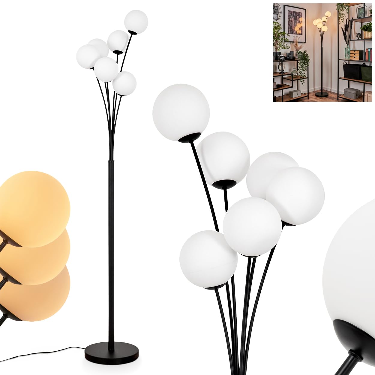 Lampadaire Bernado, Lampadaire En Métal/verre Noir/blanc