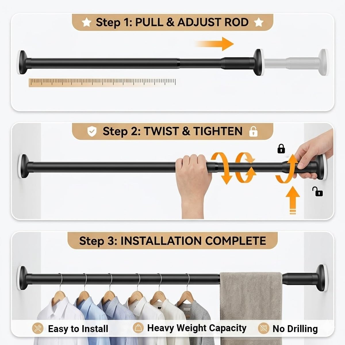 Tringle à Rideau Extensible Barre Douche Réglable Sans Percage 40-250 cm Tringle Télescopique Acier Inoxydable pour Armoire Portes Fenêtre(Blanc,(43-79")110-200cm)