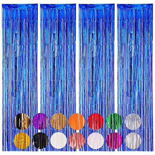 Image of Voircoloria 4 Pack Dark Blue Foil Fringe Backdrop Curtains, Tinsel Streamers Birthday Party Decorations, Fringe Backdrop for Birthday, Graduation, Disco Party Decorations