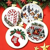 Zhenqing 11 Count Stamped Cross Stitch Kits for Adults Beginners, Hand Embroidery Christmas Ornaments kit with Instructions Embroidery Hoops,Christmas Stocking-Christmas Four-Piece Set(68446)