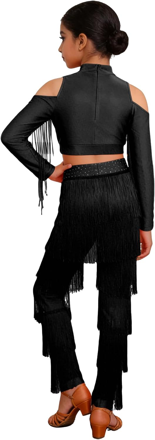 Kids Girls Latin Jazz Modern Ballroom Salsa Dance Outfit Tassel Crop Top Fringe Pants for Practice Training