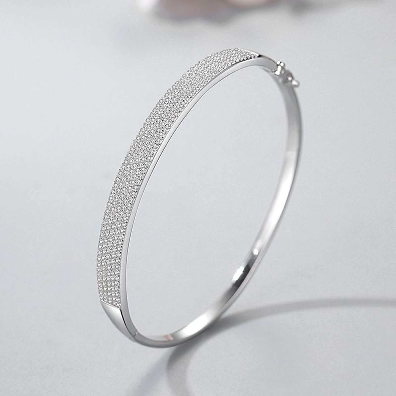 Brazalete de Mujer Oro Blanco 9 K / 14 K / 18 K, Simple con Moissanita, Cadena 16 CM, Brazaletes Plata Mujer