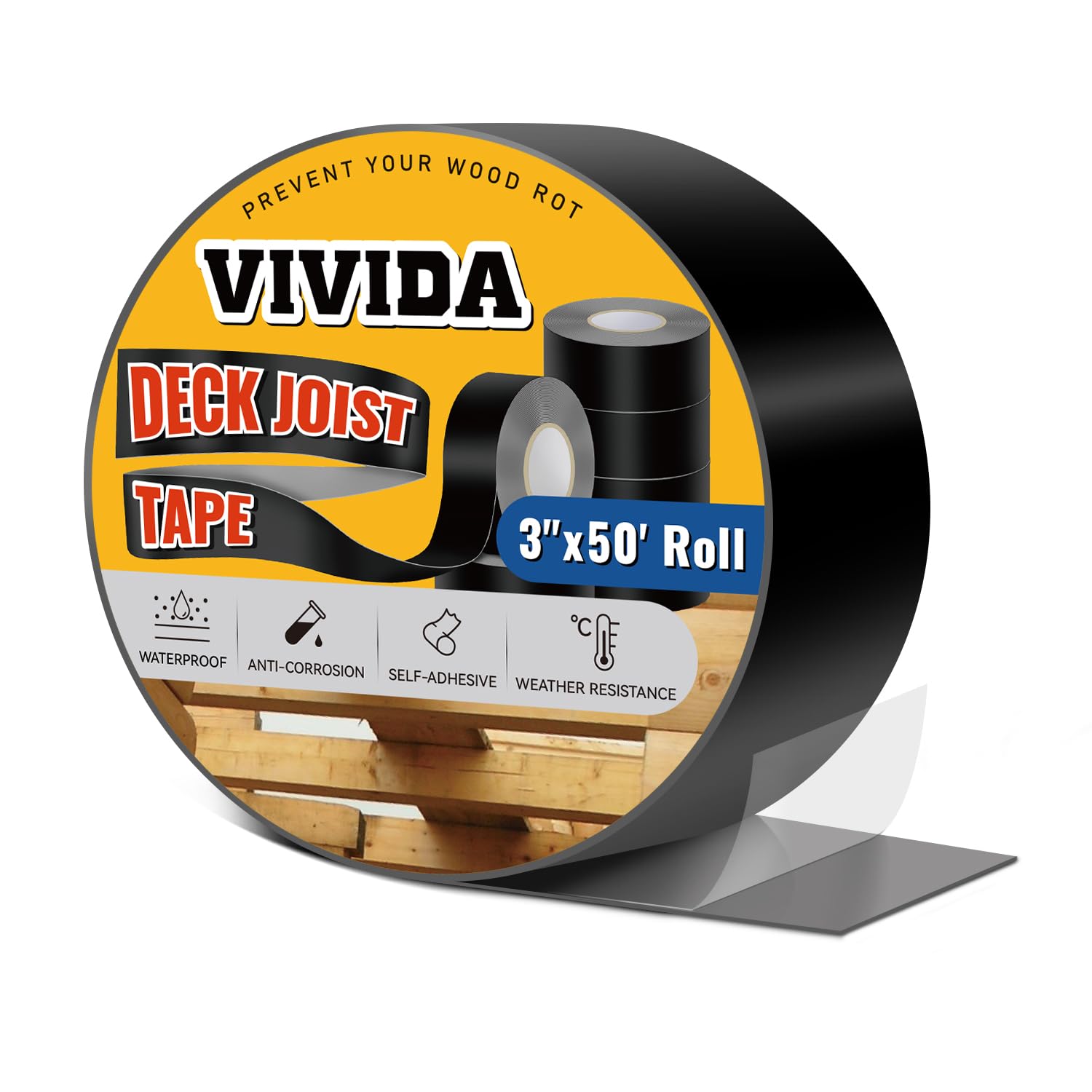 VIVIDA Butyl Joist Tape for Decking 3" × 50', Waterproof Deck Joist Butyl Sealant Tape for Wood Beams, Roof, 1 Roll