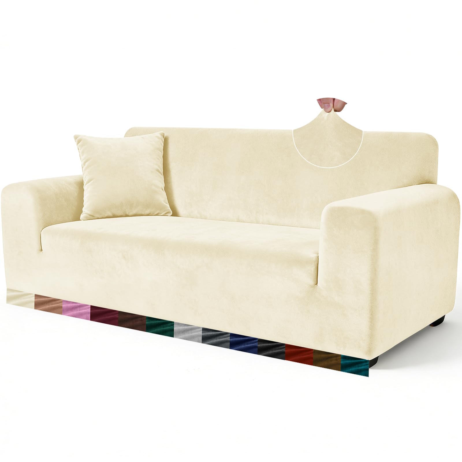 Yeahmart Thick Velvet Sofa Covers 2 Seater - Premium Stretch Couch Cover Loveseat Slipcover - Soft Furniture Protector for Pets - Includes Foam Rods for Non-Slip Fit - Machine Washable, Beige — image 1