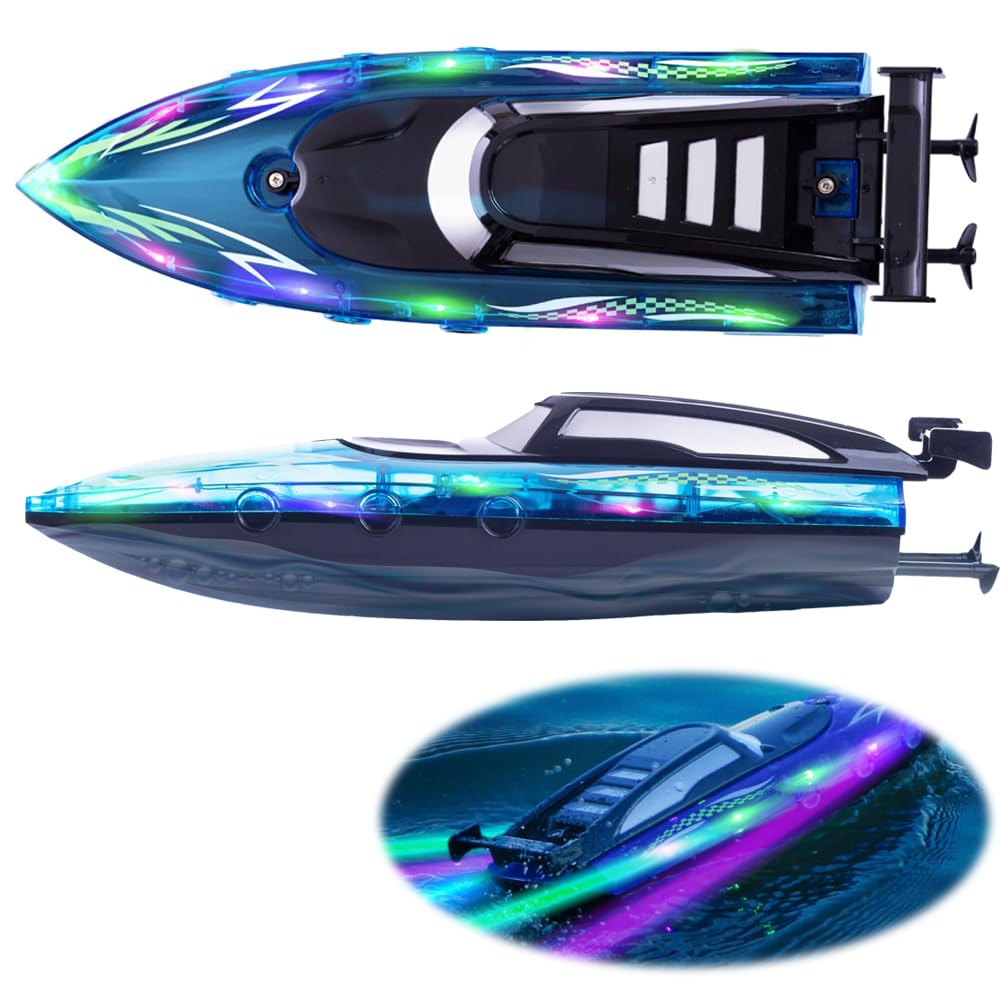 Azonee Remote Control Boat for Kids, RC Boat for 8 and Up, LED Lights, Pool and Lake Use, Electric Remote Controlled Boat (Blue)