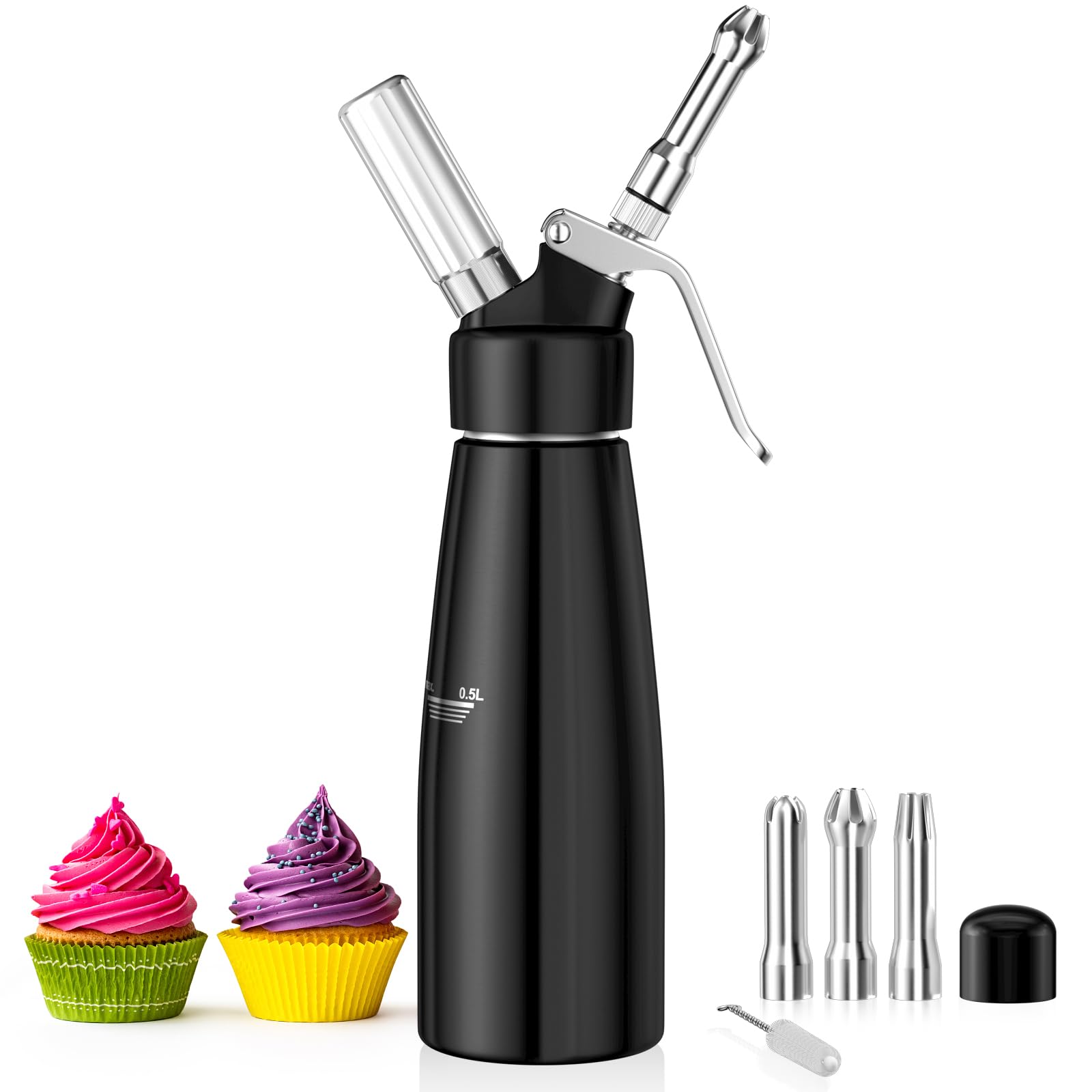 Slagroomsifon 500ml met 3 roestvrijstalen opladers, slagroomdispenser