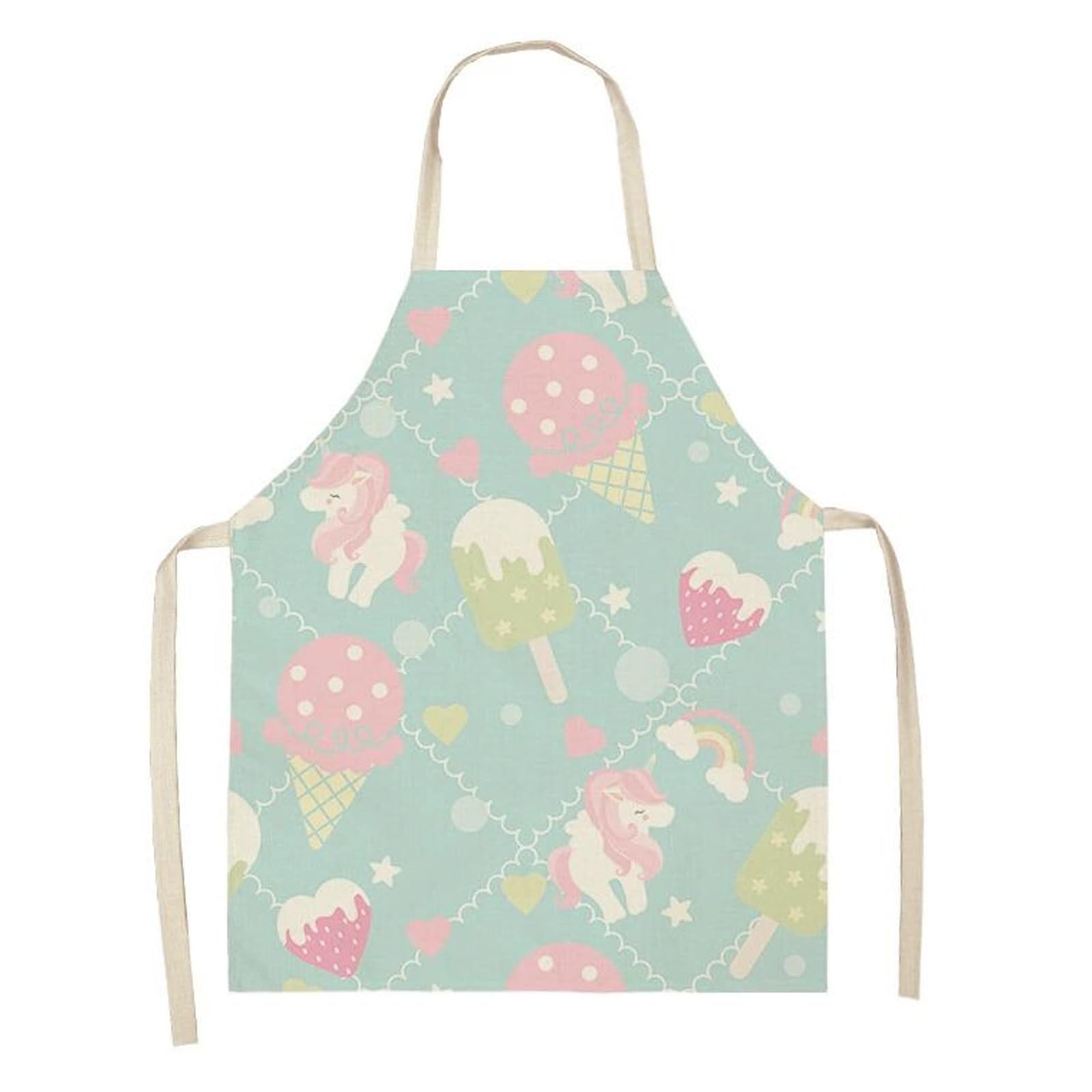 YNR Sweet Dreams Kitchen Apron,Pastel Mint Green with Unicorn and Ice Cream Pattern,Adjustable Strap for Women Girls,Cotton Canvas,Ice Cream Apron for Cooking and Baking