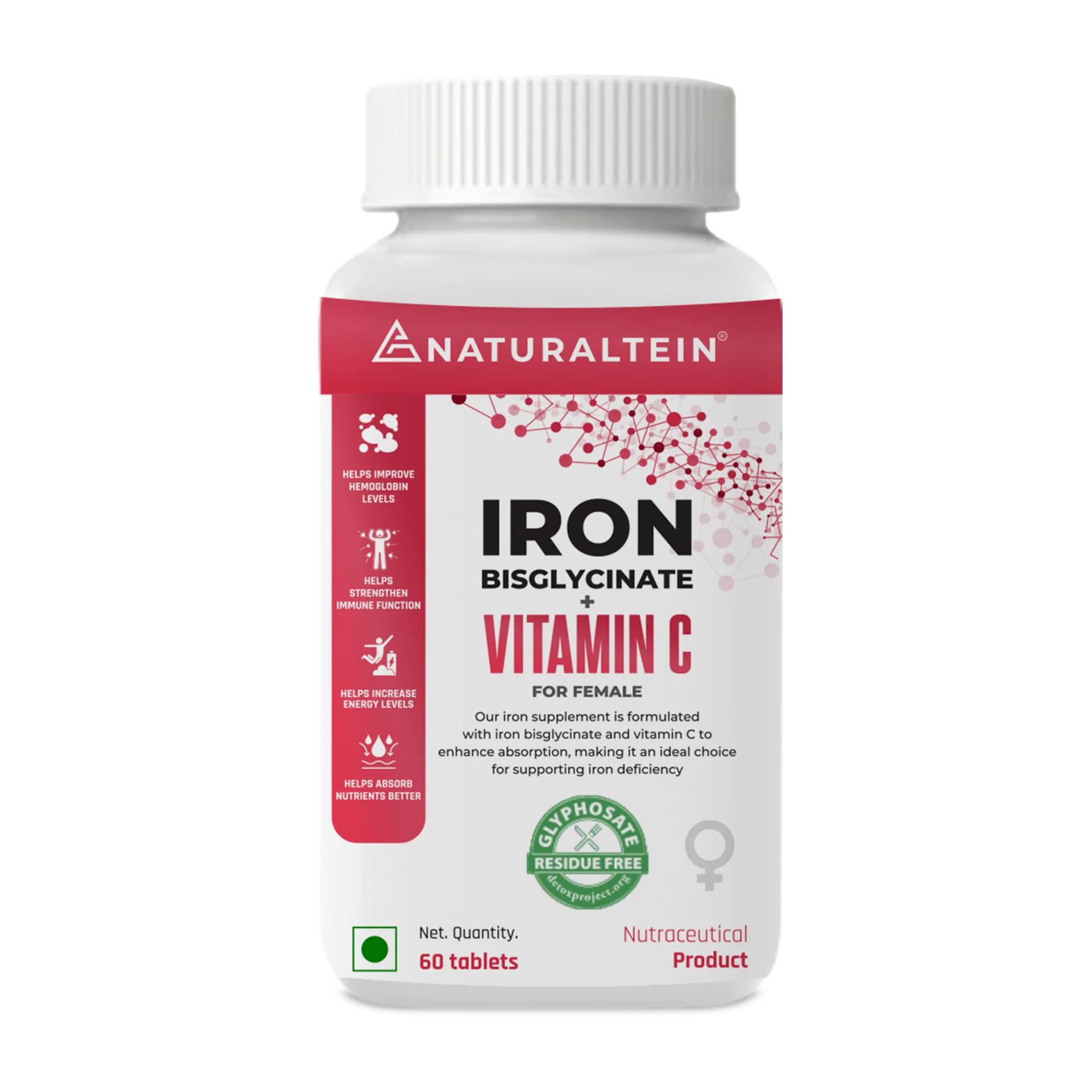 NATURALTEIN Iron Bisglycinate with Vitamin C – 60 Tablets | 14 mg Elemental Iron | Gentle on Stomach | Supports Women’s Energy, Vitality & Healthy Blood Levels