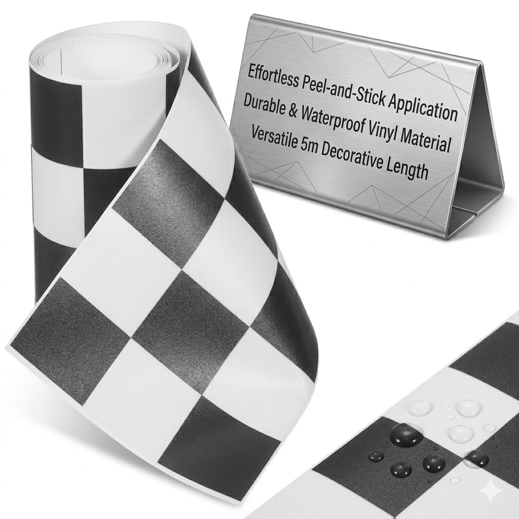 Hemobllo 5m Self-Adhesive Tile Border Stickers Black & White Checkered Waterproof Vinyl Trim for Bathroom Walls, Slim Edging Decal to Cover Gaps, Peel & Stick Decor for Kitchen, Shower, Toilet