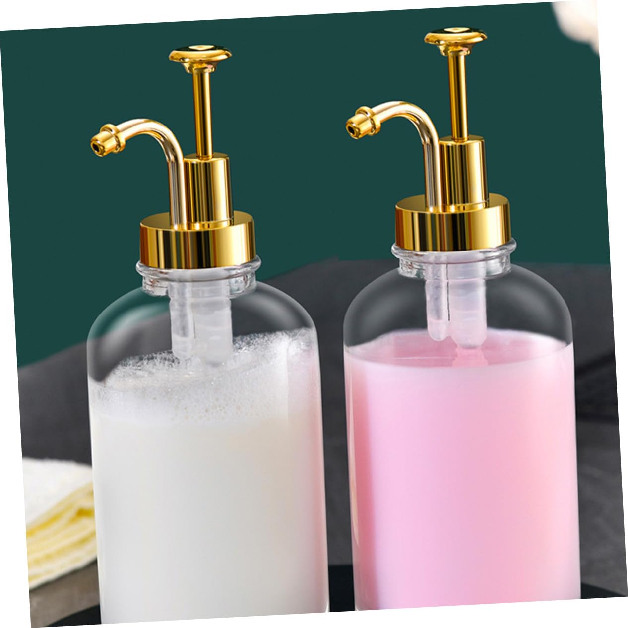 Ipetboom 2 pièces Distributeur de Liquide Transparent en Verre Pompe Anti-Fuite Rechargeable pour Mains et shampooing Lot de Bouteilles avec Accessoires Salle de Bain et Cuisine