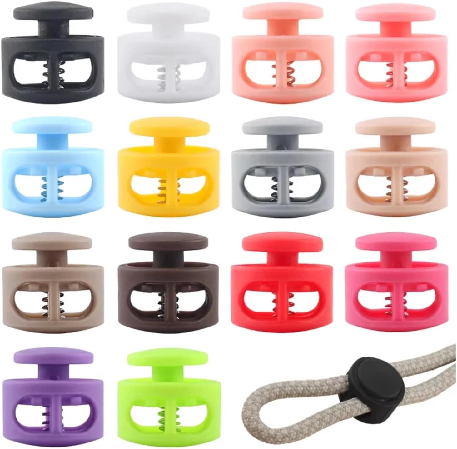 80Pcs Plastic Cord Locks Toggles 2-Hole Spring Stoppers for 3-4mm Bungee Shock Cord Elastic String