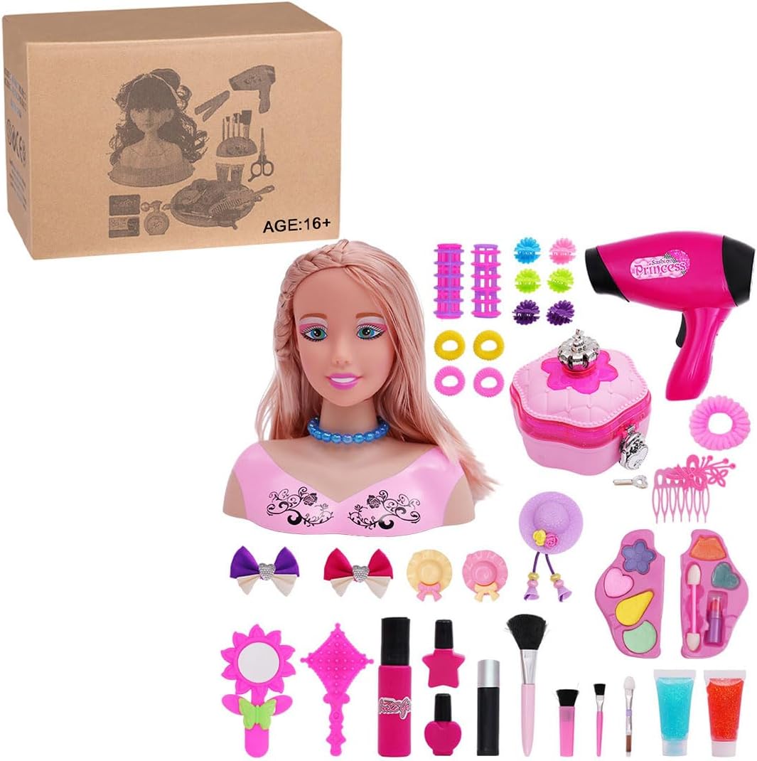 Girl's Pretend Play Half Action Figure Styling Head Doll with Hair Dryer Accessories for Makeup Practice, 39PCS-Style C