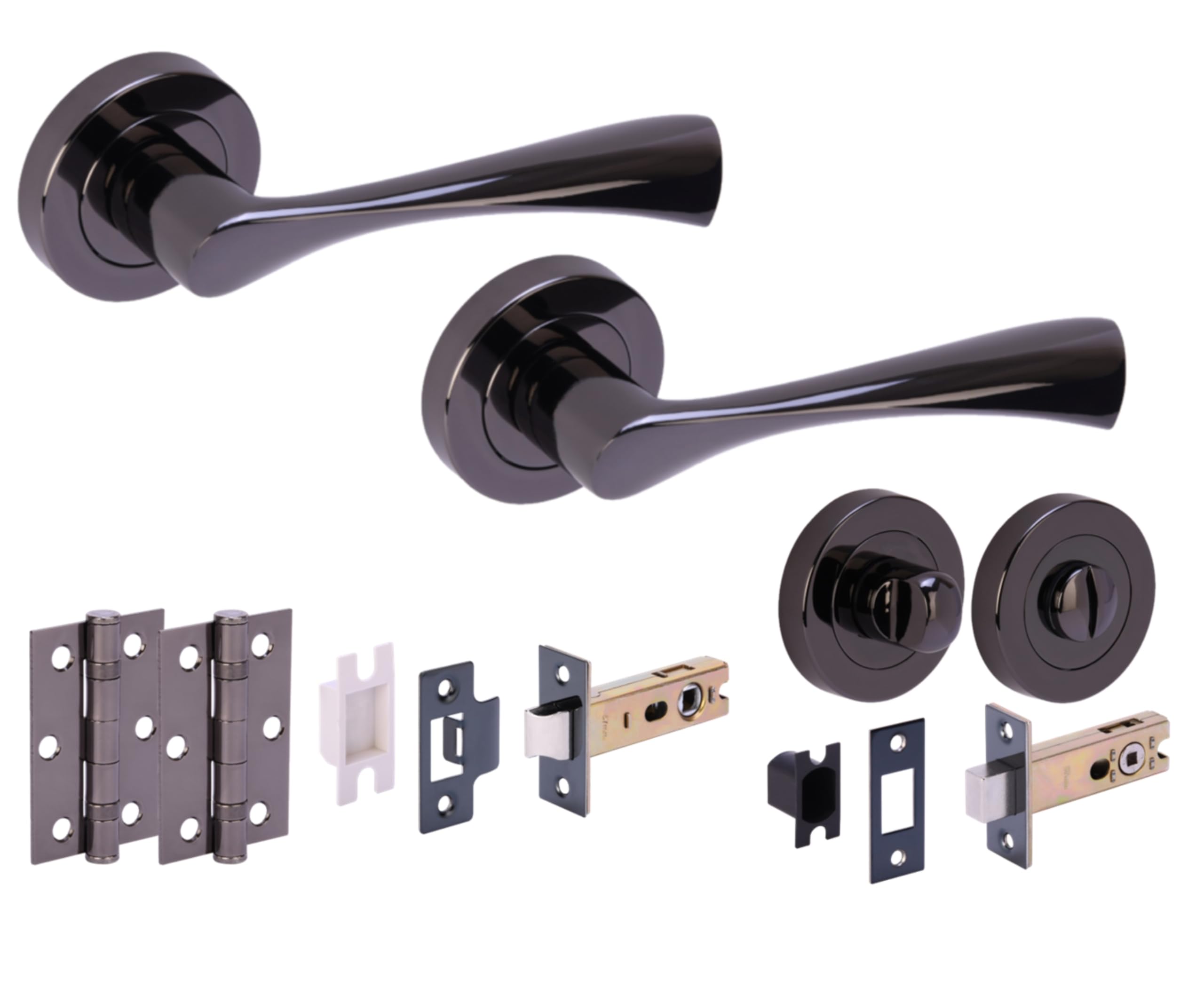 Hunta HANDLEZONE® Zena Door Handles on Rose Bathroom Deadbolt Pack with Ball Bearing Hinges - Black Nickel