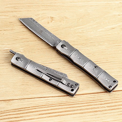 Katsu Handmade Full Damascus Steel Bamboo Style Japanese Razor Pocket Folding Knife With Pocket Clip #TOP1