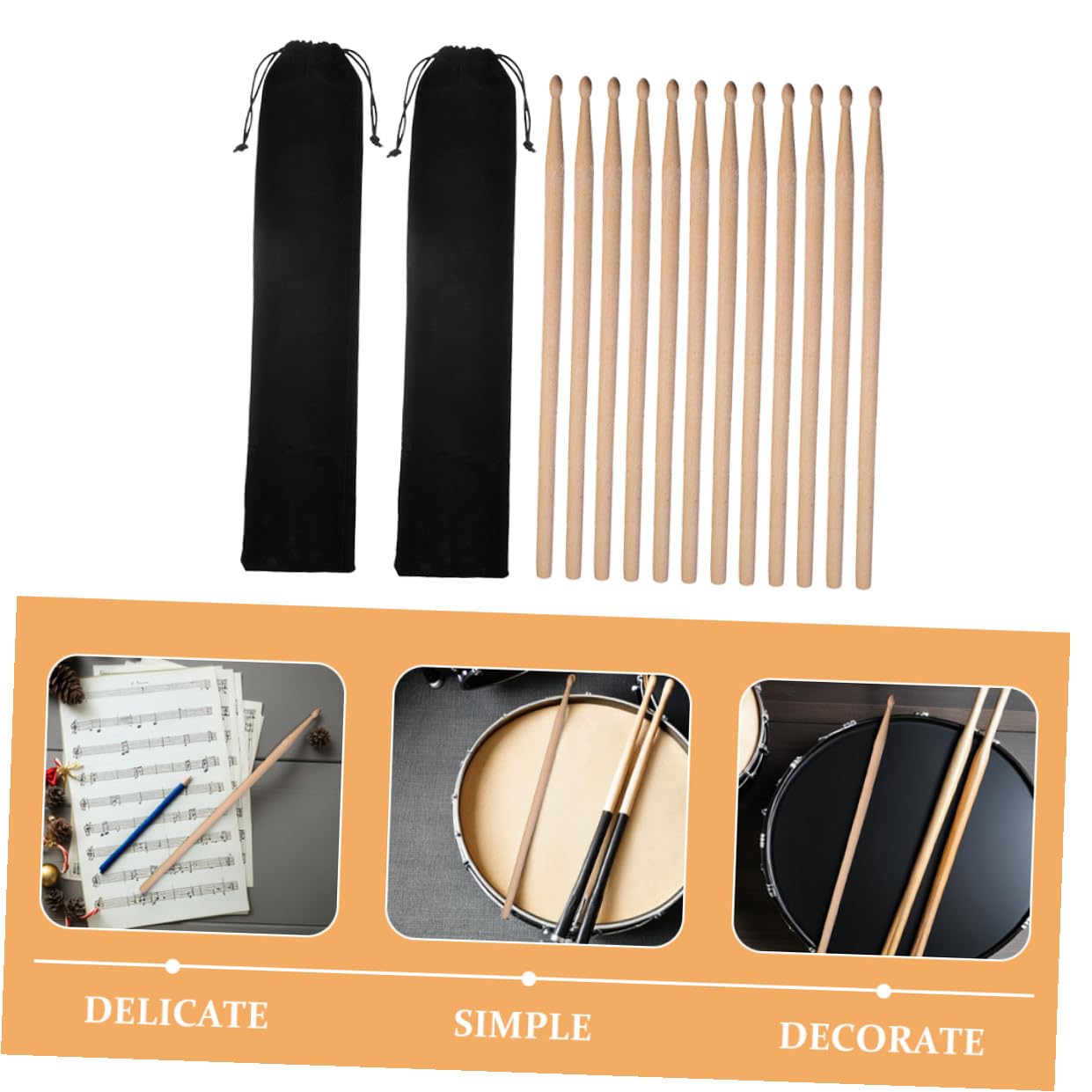 Lot de 2 Sets de Baguettes de Batterie en Érable 5a Noir | Batteurs Professionnels, 3 Paires par Set, Pochette en Velours Souple Incluse
