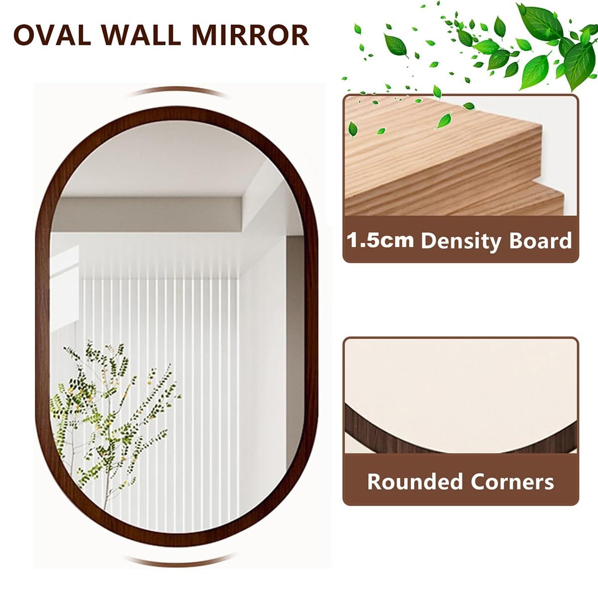 Miroir ovale mural pour salle de bain, entrée, chambre à coucher et salon - Noyer portable - Deux tailles (46 cm x 60 cm)