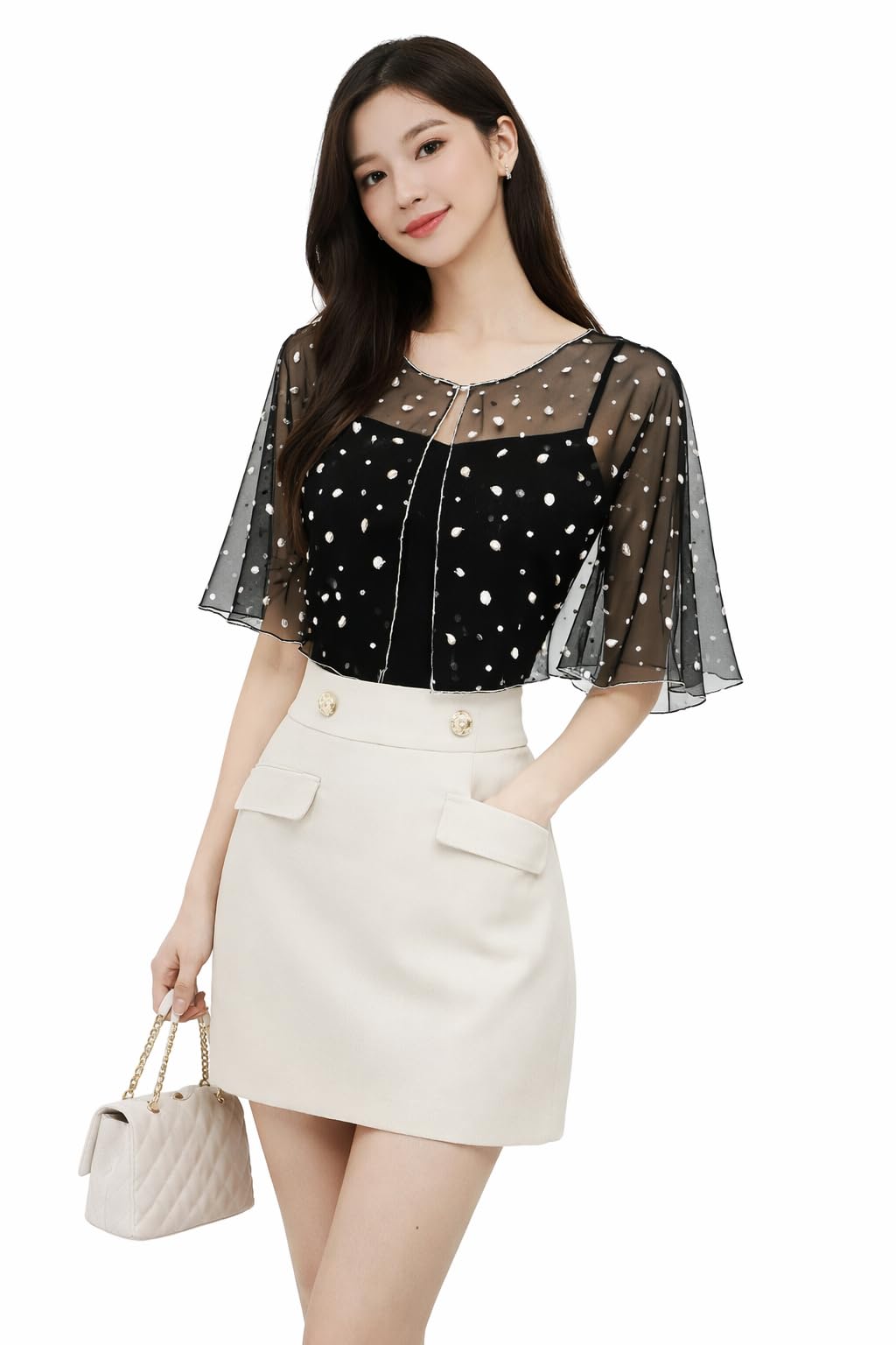 LOOMAURA Women's Black Net Ponchu With Pearl Work | Lightweight Shrug.