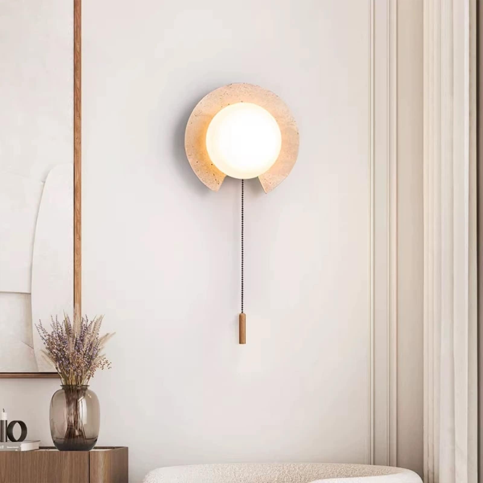 Lámpara de pared redonda de piedra natural, Wabi-Sabi | Aplique de pared de travertino amarillo con pantalla de cristal de leche, luz de pared de mármol moderna