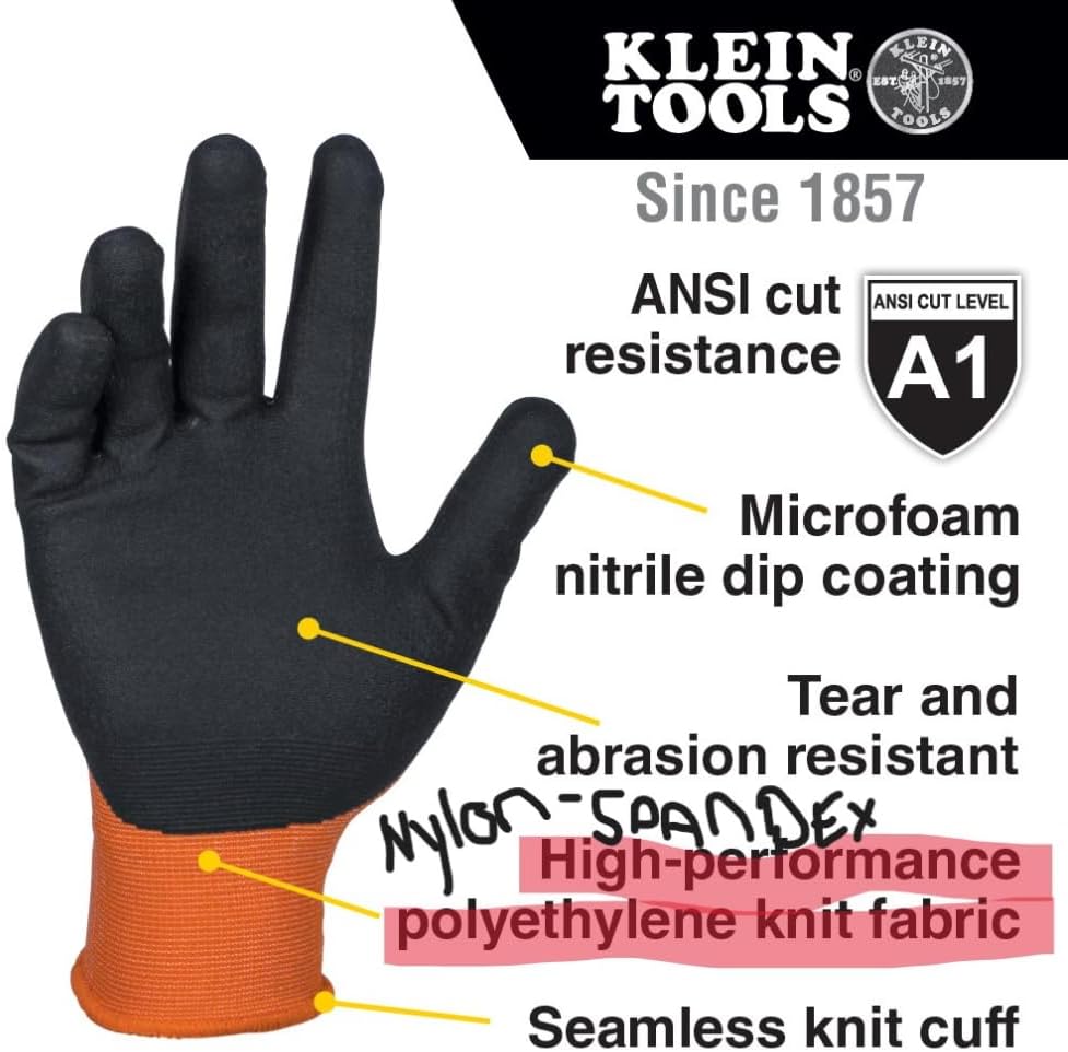 KLEIN TOOLS 60823 Work Gloves, Knit Dipped Cut Resistant ANSI A1 Nitrile Coated Gloves, Nylon-Spandex, Touchscreen Capable, 2XL, 2-Pair
